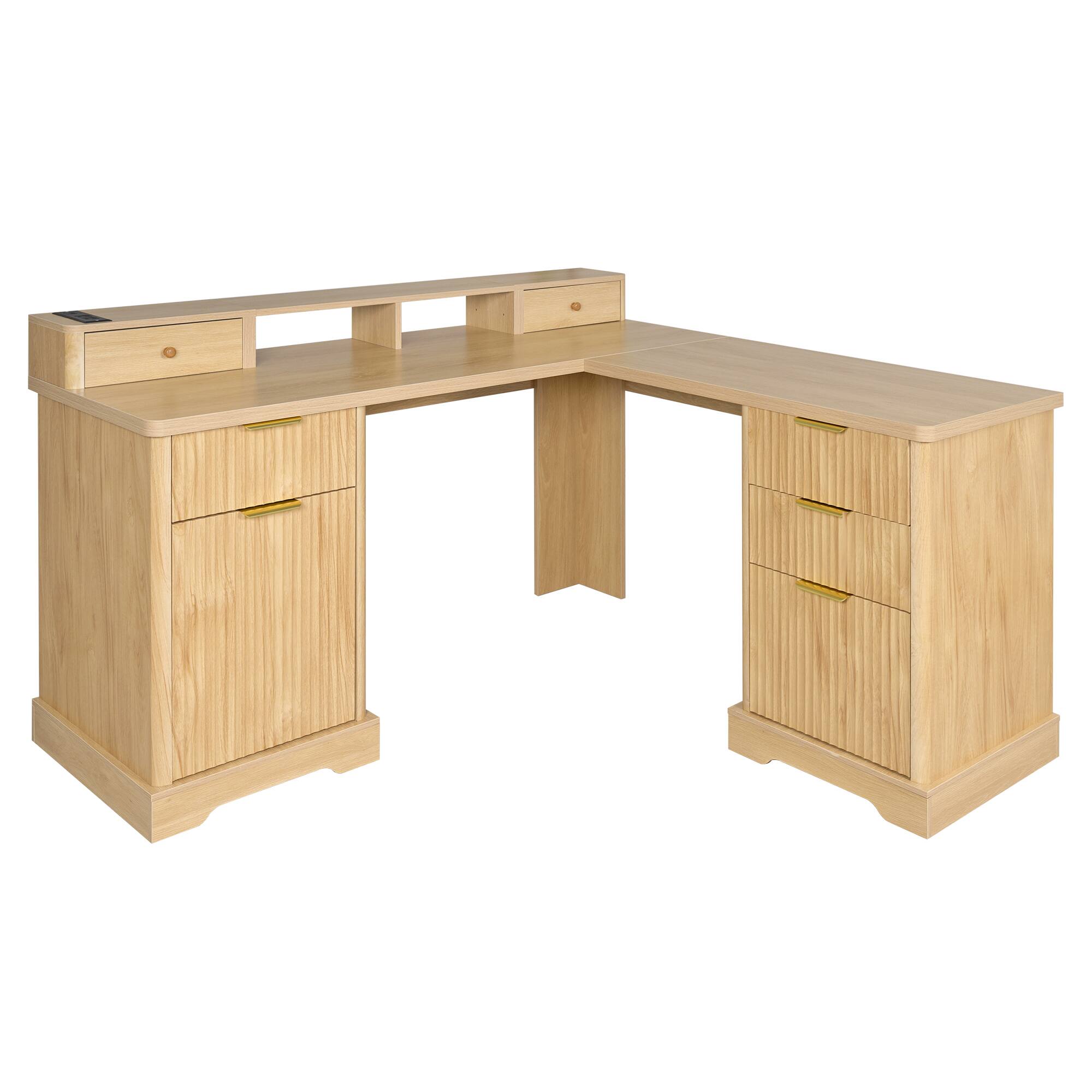 Alt View 3. Boyel Living - 59 Inch Fluted L Shaped Desk with Charging Station and Storage Cabinet Oak - White.