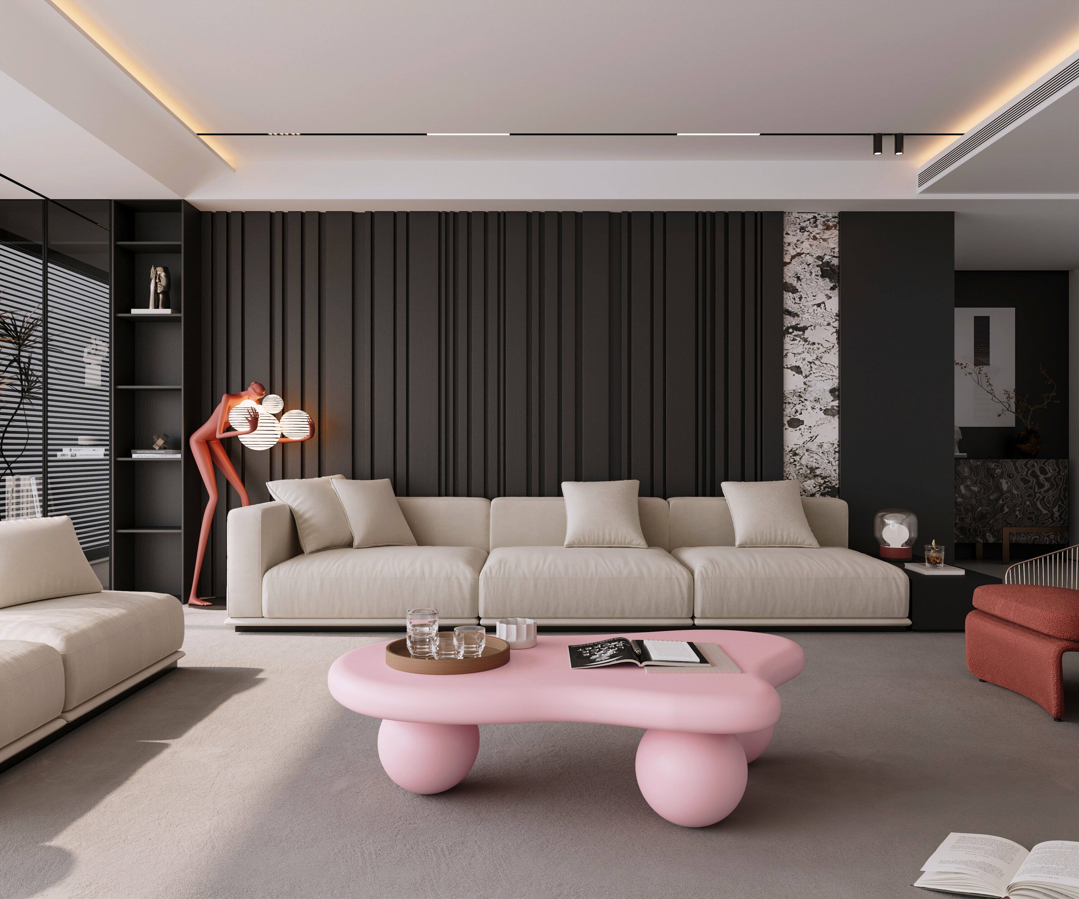 Alt View 6. Loheer - Loheer 47 Inch Cloud Shaped Coffee Table Pink Low Profile Center Table with Ball Legs for Living Room - Pink.