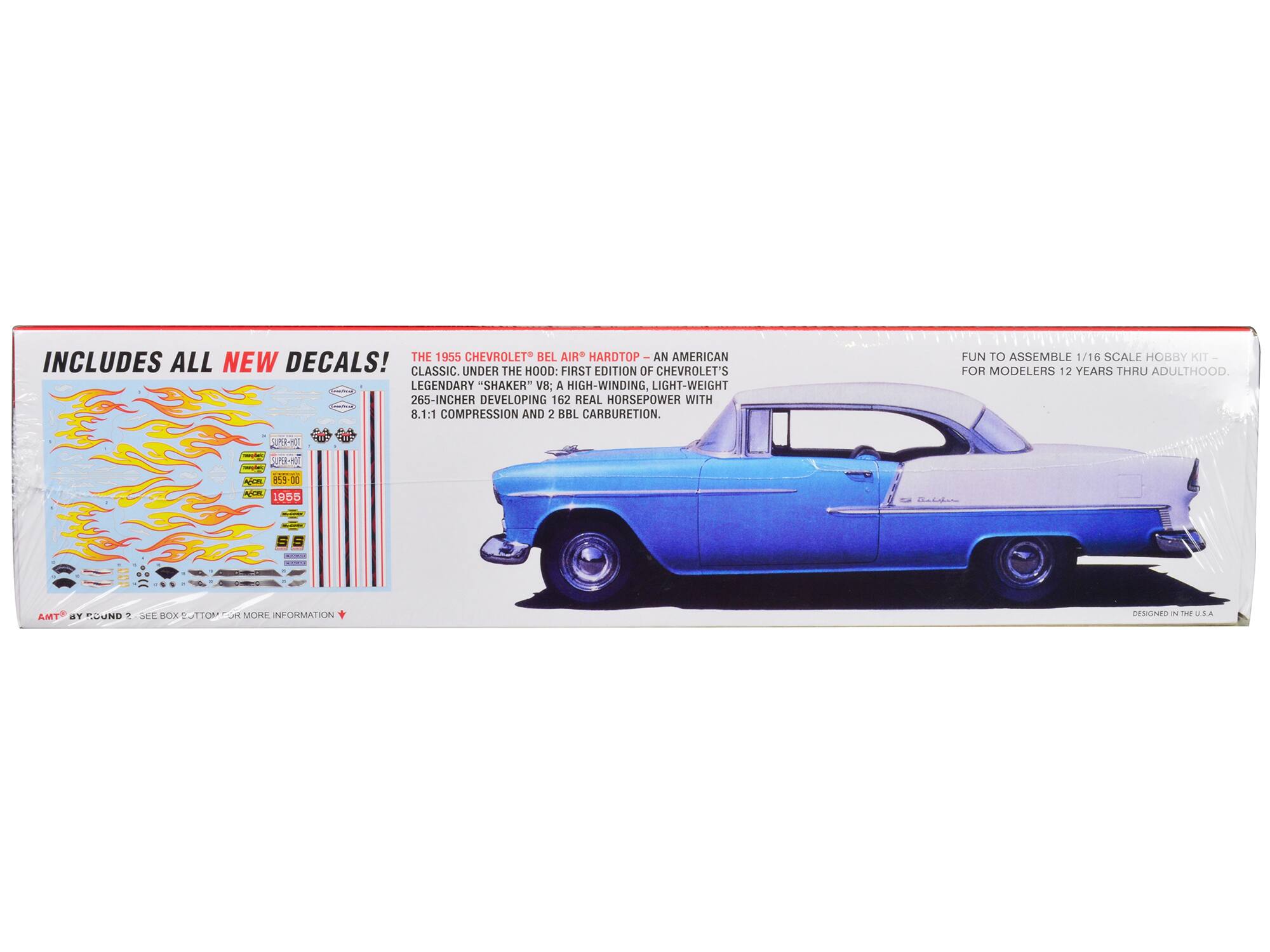 The 1955 Chevrolet Bel Air Hardtop - An American Classic. Under the Hood: First Edition of Chevrolet's Legendary "Shaker" V8: A High-Winding, Light-Weight 265-Incher Developing 162 Real Horsepower with 8.1:1 Compression and 2 BBL Carburation.

Includes All New Decals!

Fun to Assemble 1/16 Scale Hobby Kit - For Modelers 12 Years Thru Adulthood.

AMT by Round 2 - See Box Bottom for More Information.