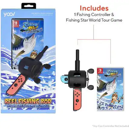 FOR SWITCH GAME CONSOLE
POUR CONSOLE DE JEU SWITCH
Includes
1 Fishing Controller & Fishing Star World Tour Game
REEL FISHING ROD
WITH FREE GAME BUNDLE
*Joy-Con Controller Not Included - E (Everyone)