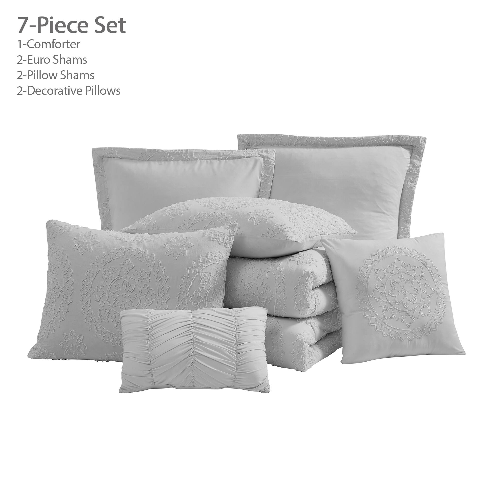 7-Piece Set  
1-Comforter  
2-Euro Shams  
2-Pillow Shams  
2-Decorative Pillows