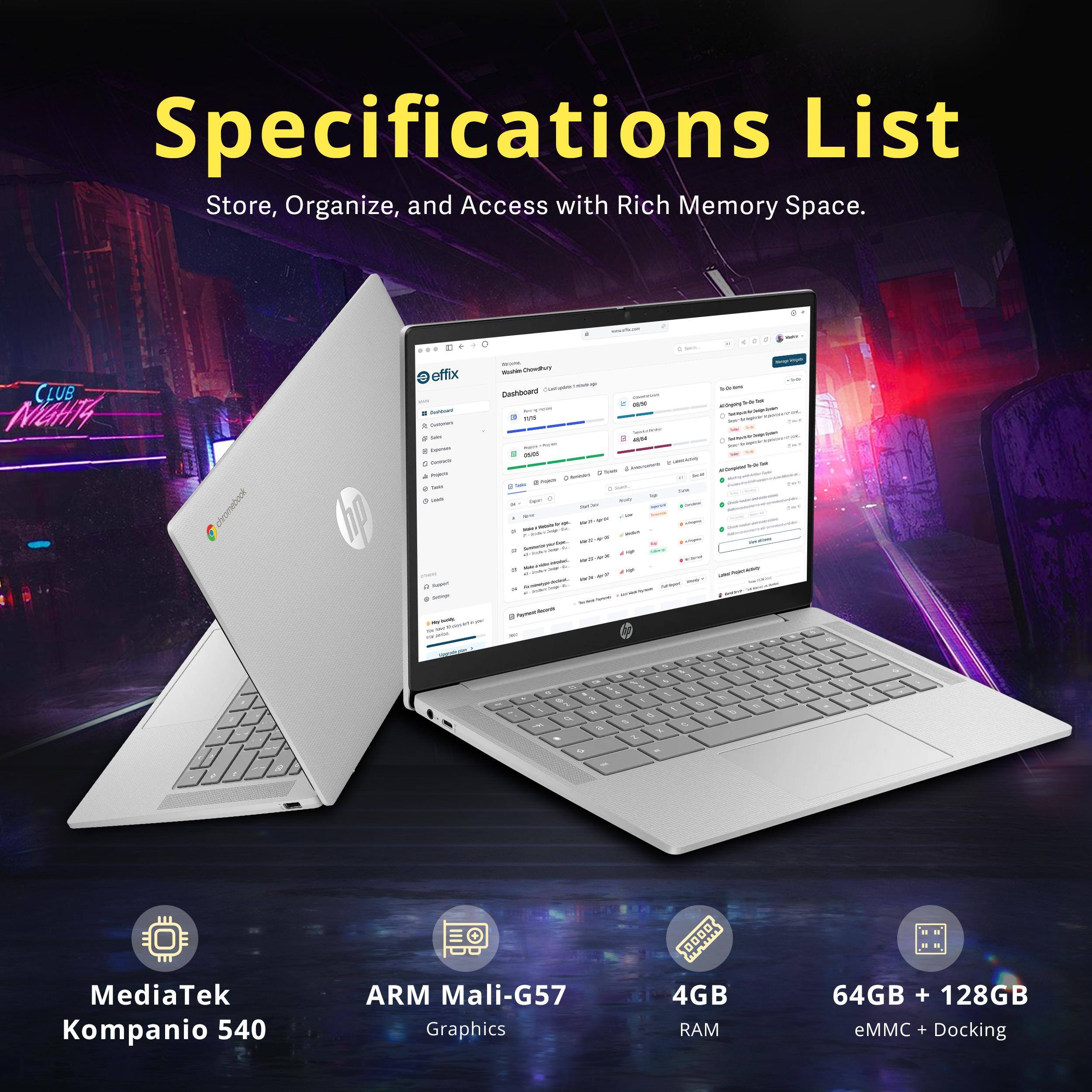 Specifications List  
Store, Organize, and Access with Rich Memory Space.

- MediaTek Kompanio 540
- ARM Mali-G57 Graphics
- 4GB RAM
- 64GB + 128GB eMMC + Docking