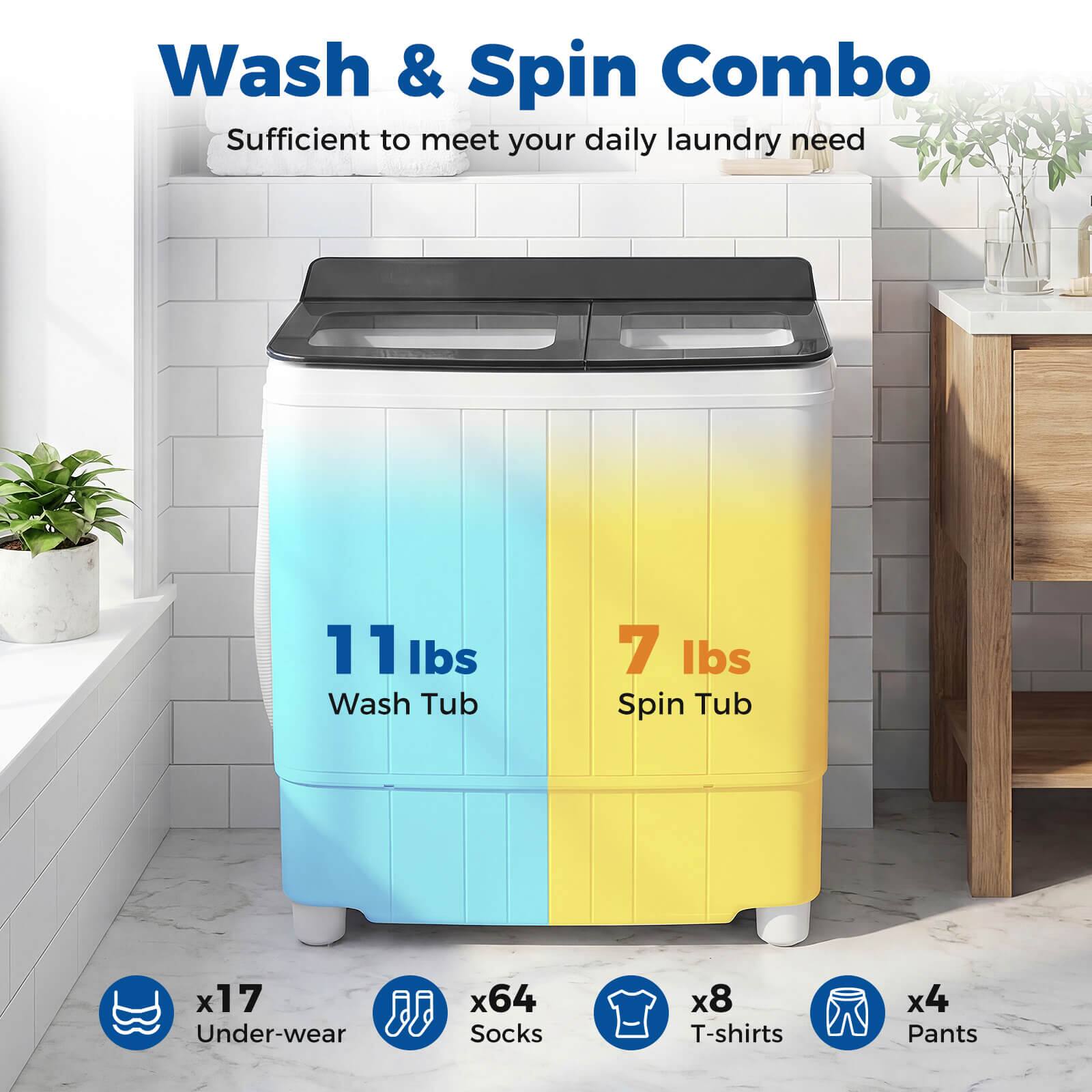 Wash & Spin Combo  
Sufficient to meet your daily laundry need  

11 lbs Wash Tub  
7 lbs Spin Tub  

x17 Underwear  
x64 Socks  
x8 T-shirts  
x4 Pants