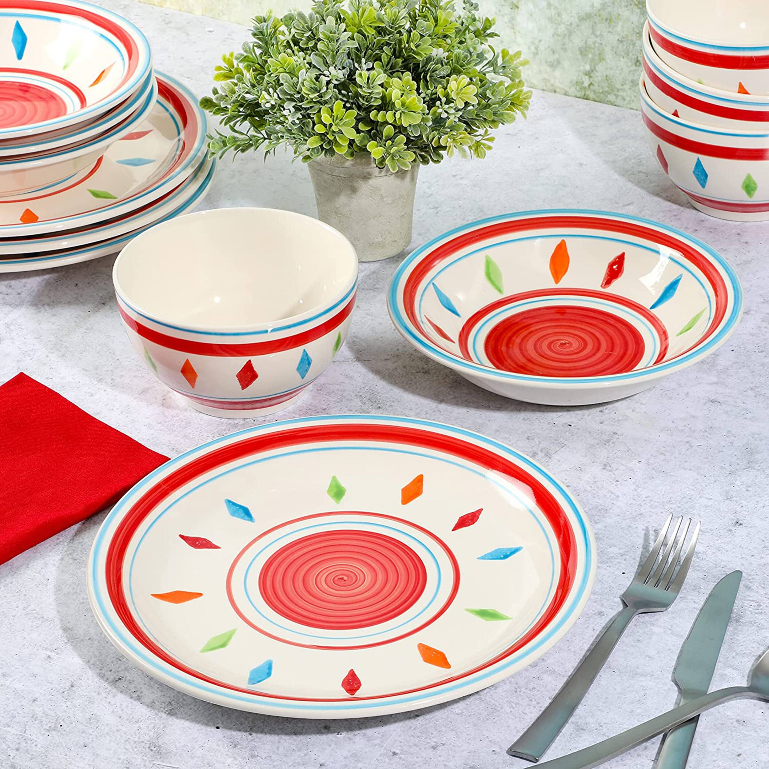 Alt View 8. Gibson - Gibson Home Heidy 12 Piece Hand Painted Durastone Dinnerware Set in Red - Red.