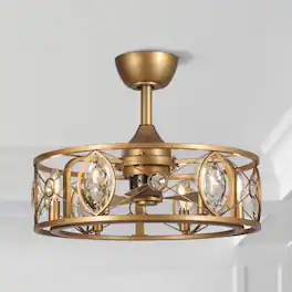 Parrot Uncle - 22" Antique Crystal Caged Ceiling Fan Chandelier with Remote and Light Kit - Brass