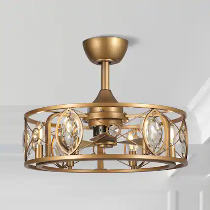 Front. Parrot Uncle - 22" Antique Brass Crystal Caged Ceiling Fan Chandelier with Remote and Light Kit - Brass.