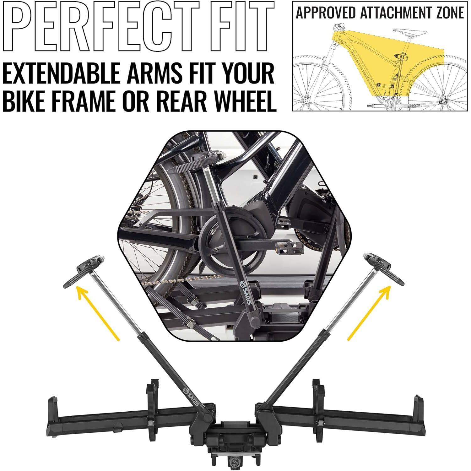PERFECT FIT  
EXTENDABLE ARMS FIT YOUR BIKE FRAME OR REAR WHEEL  

APPROVED ATTACHMENT ZONE