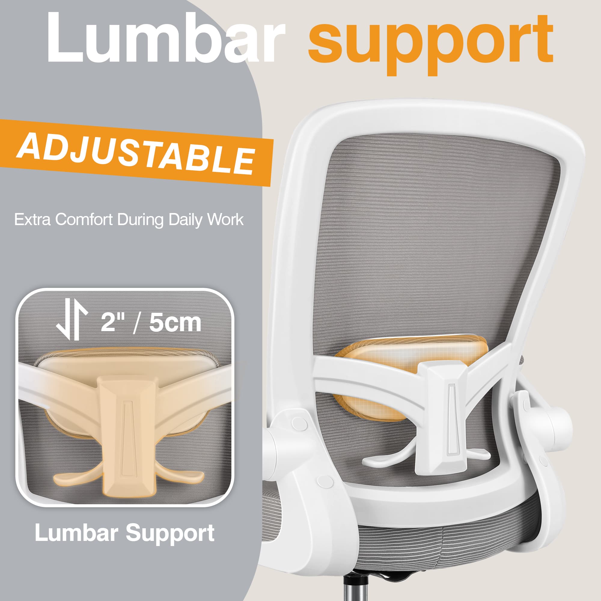Lumbar support, ADJUSTABLE, Extra Comfort During Daily Work, 2" / 5cm Lumbar Support