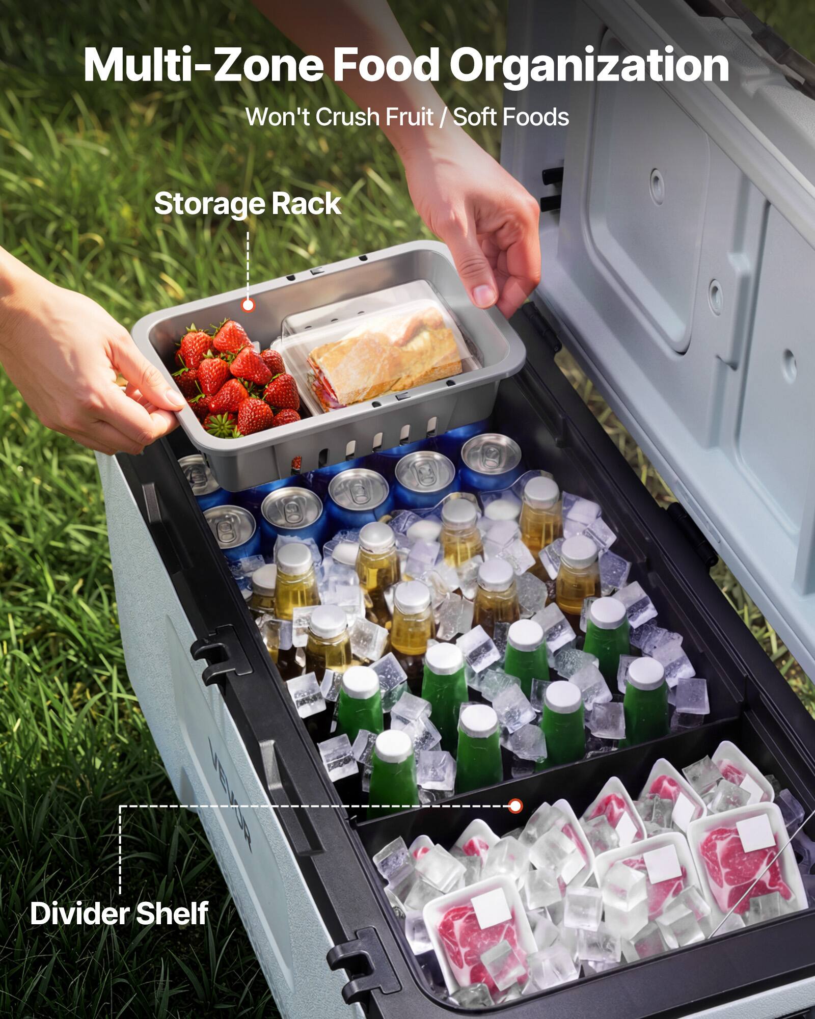 Multi-Zone Food Organization  
Won't Crush Fruit / Soft Foods  
Storage Rack  
Divider Shelf