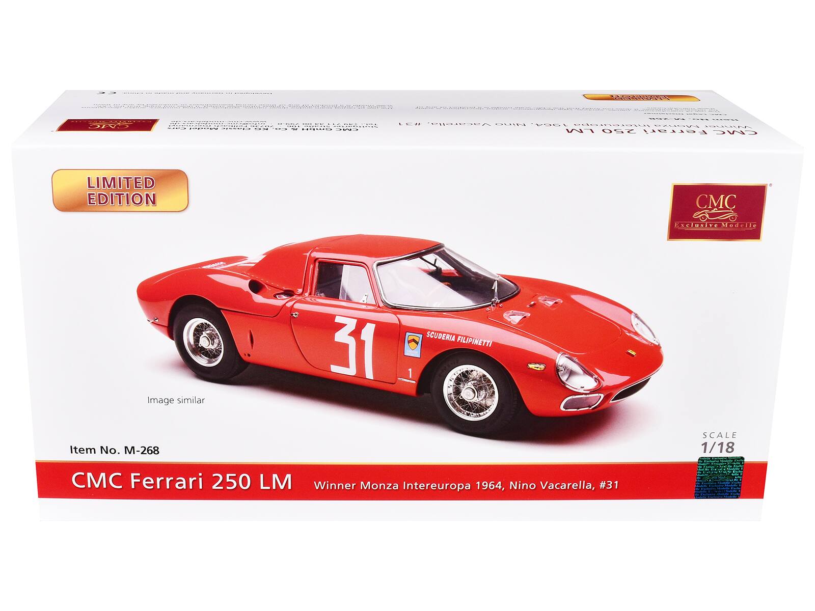 CMC Ferrari 250 LM Winner Monza Intereuropa 1964, Nino Vacarella, #31

Item No. M-268

SCALE 1/18

CMC Exclusive Modellle

LIMITED EDITION