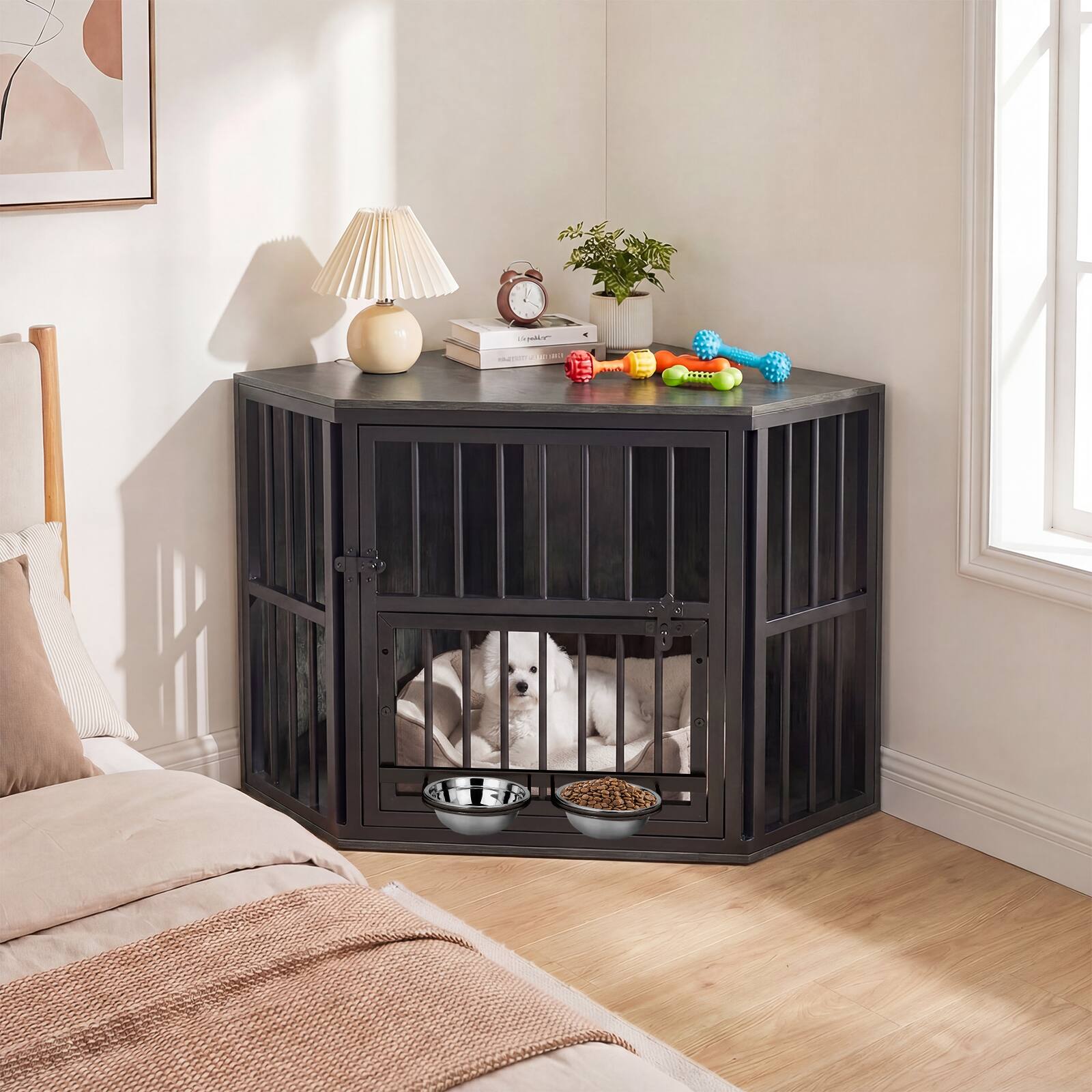 Alt View 5. Gymax - Gymax Corner Dog Crate Furniture Wooden Dog Kennel End Table Heavy Duty Pet Crate Warm Oak - Multicolor.