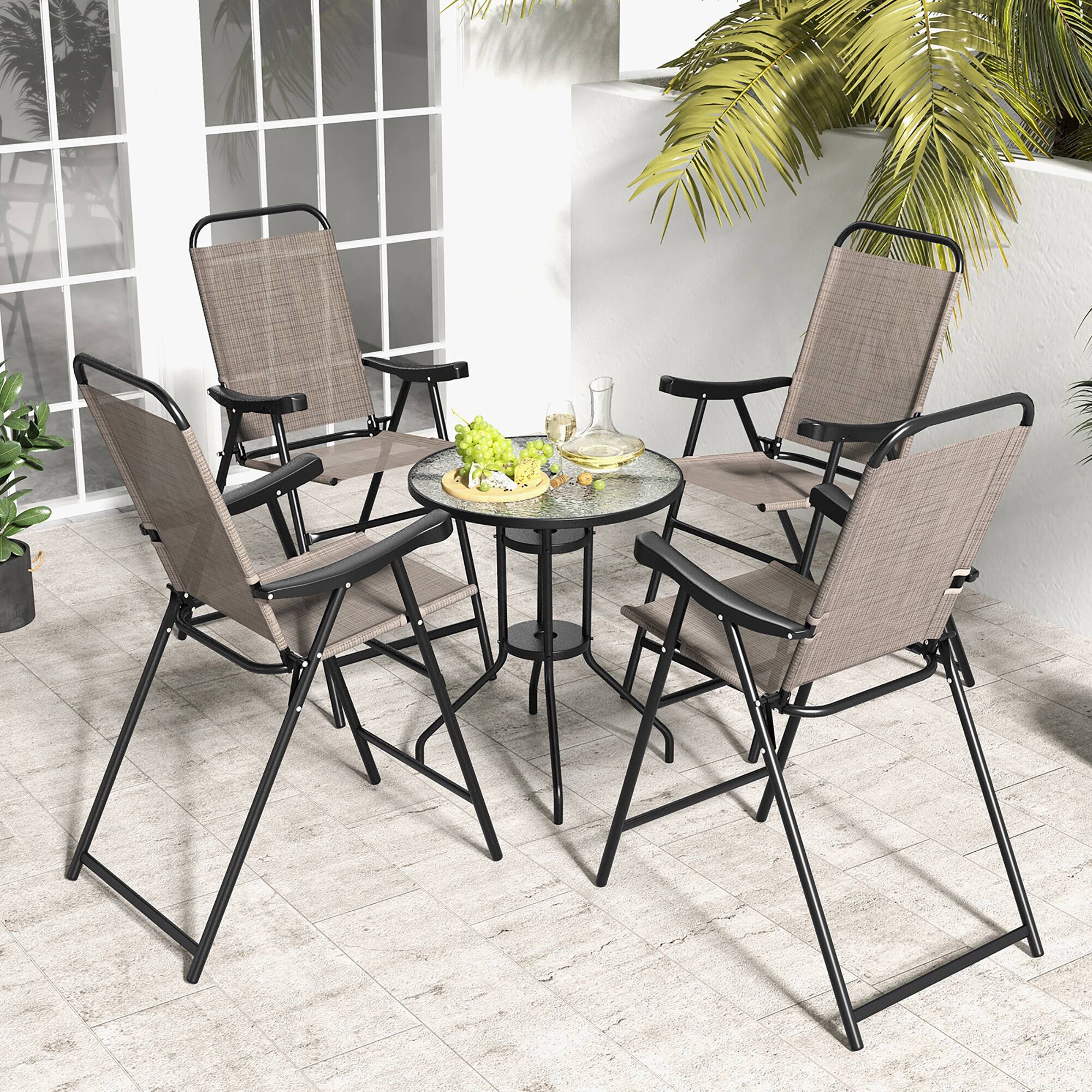 Alt View 1. Gymax - Gymax 4 PCS Patio Bar Chair Folding Bar Height Metal Frame w/ Footrest Garden Brown - Brown.