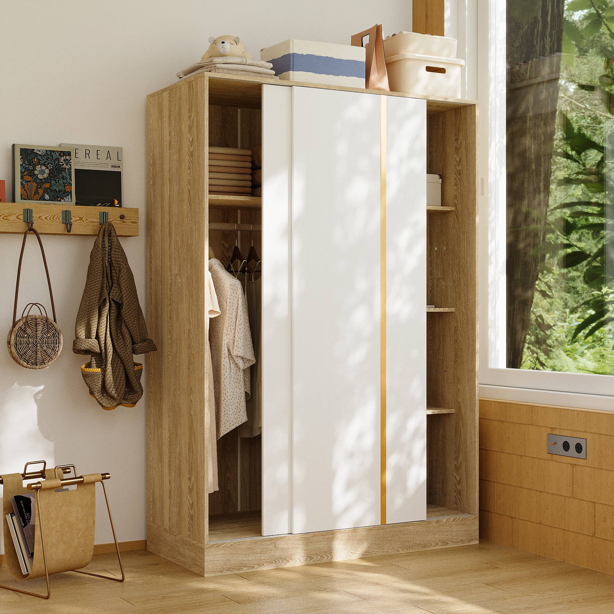 Angle. Famapy - Sliding Door Wardrobe with Smart Storage Zones for Small Spaces Bedroom Closet Organizer - White & Wooden.