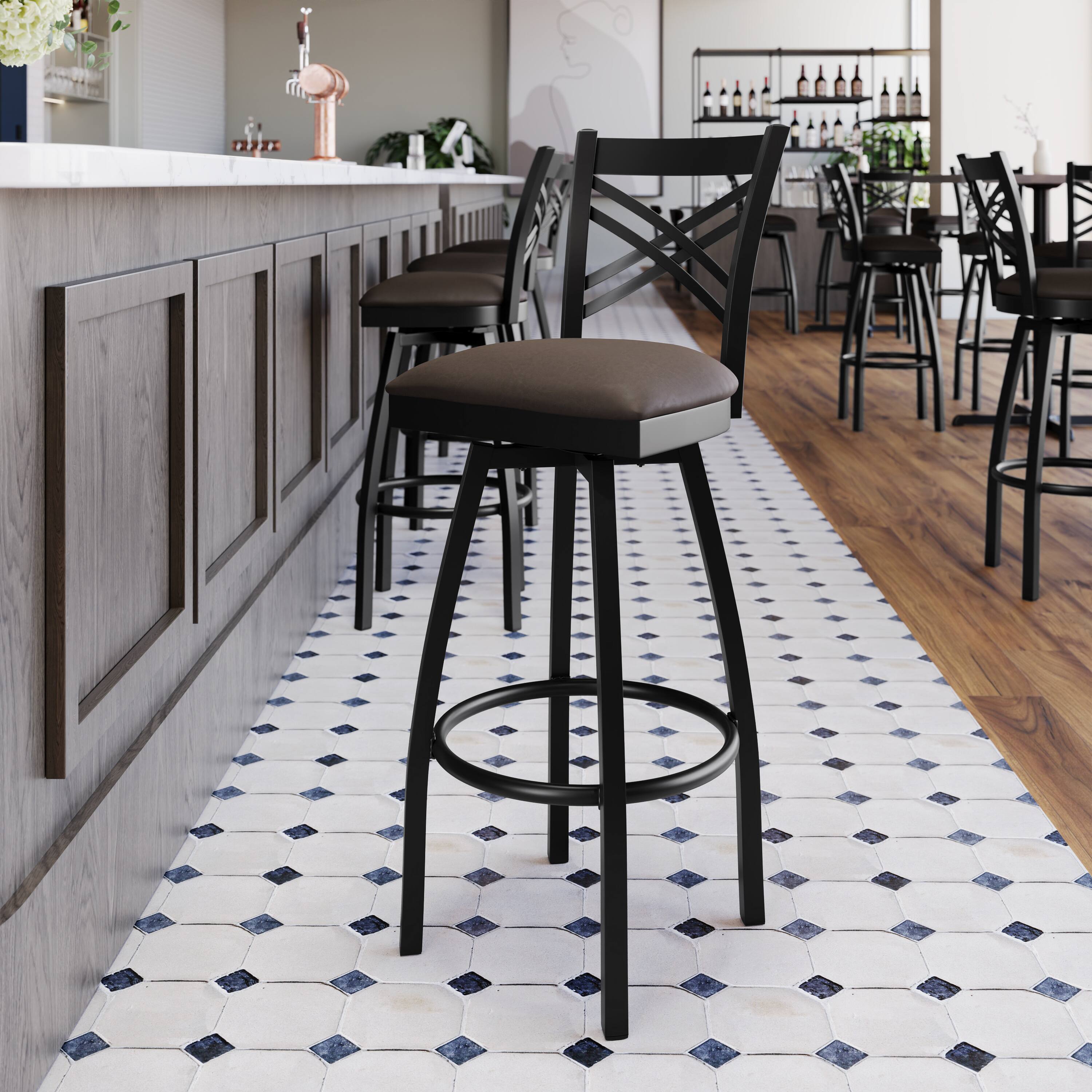 Alt View 4. Emma + Oliver - "X" Back Swivel Metal Restaurant Dining Barstool - Mocha Vinyl Seat/Black Metal Frame.