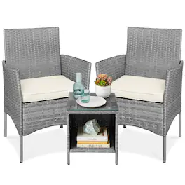 Best Choice Products - 3-Piece Outdoor Wicker Conversation Patio Bistro Set, w/ 2 Chairs, Table - Gray/Cream
