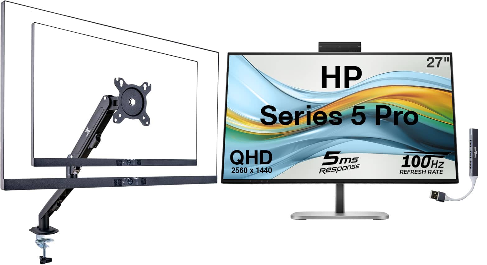 HP - Series 5 Pro 27" QHD IPS Monitor, AntiGlare, FlickerFree, Displayport, HDMI, w/DKZ Hub & ErgoFlexy Single Mount Arm - Black/Silver