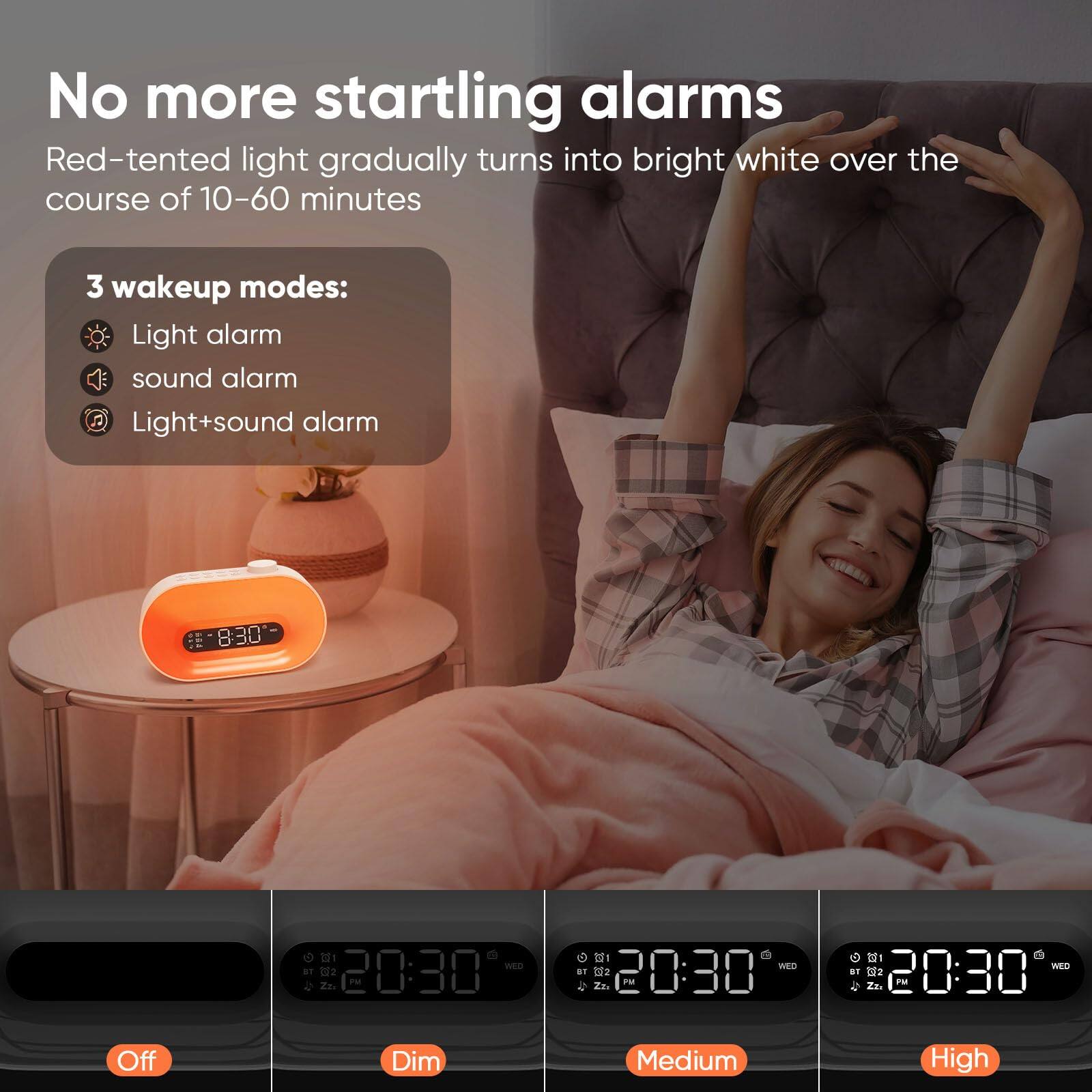 No more startling alarms

Red-tented light gradually turns into bright white over the course of 10-60 minutes

3 wakeup modes:
- Light alarm
- Sound alarm
- Light+sound alarm

8:30 D1 n0 B t 20:30 P D SEO a1 t 20:30 P Za DI C MEO a1 t 20:30 a.

Off Dim Medium High