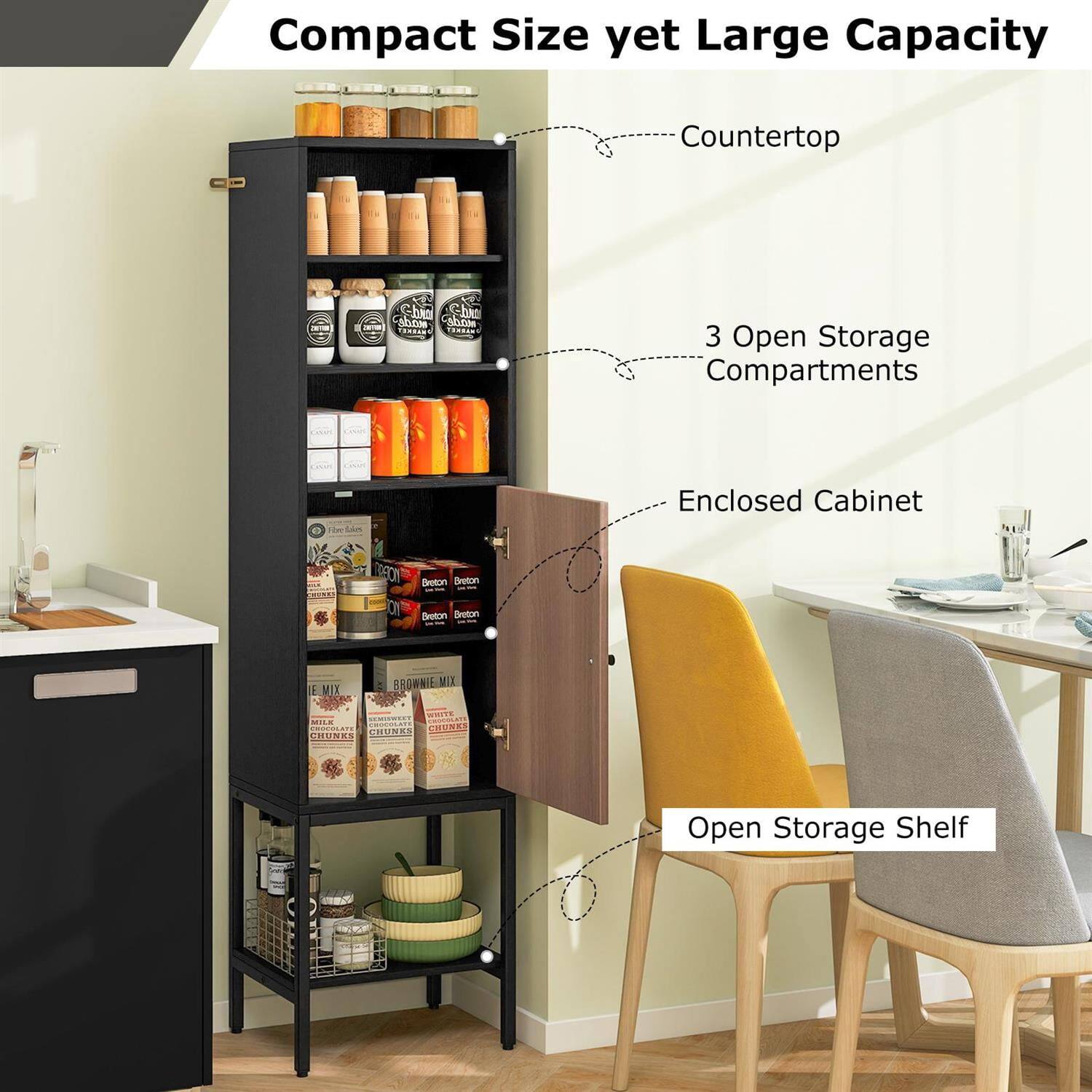 Compact Size yet Large Capacity

- Countertop
- 3 Open Storage Compartments
- Enclosed Cabinet
- Open Storage Shelf