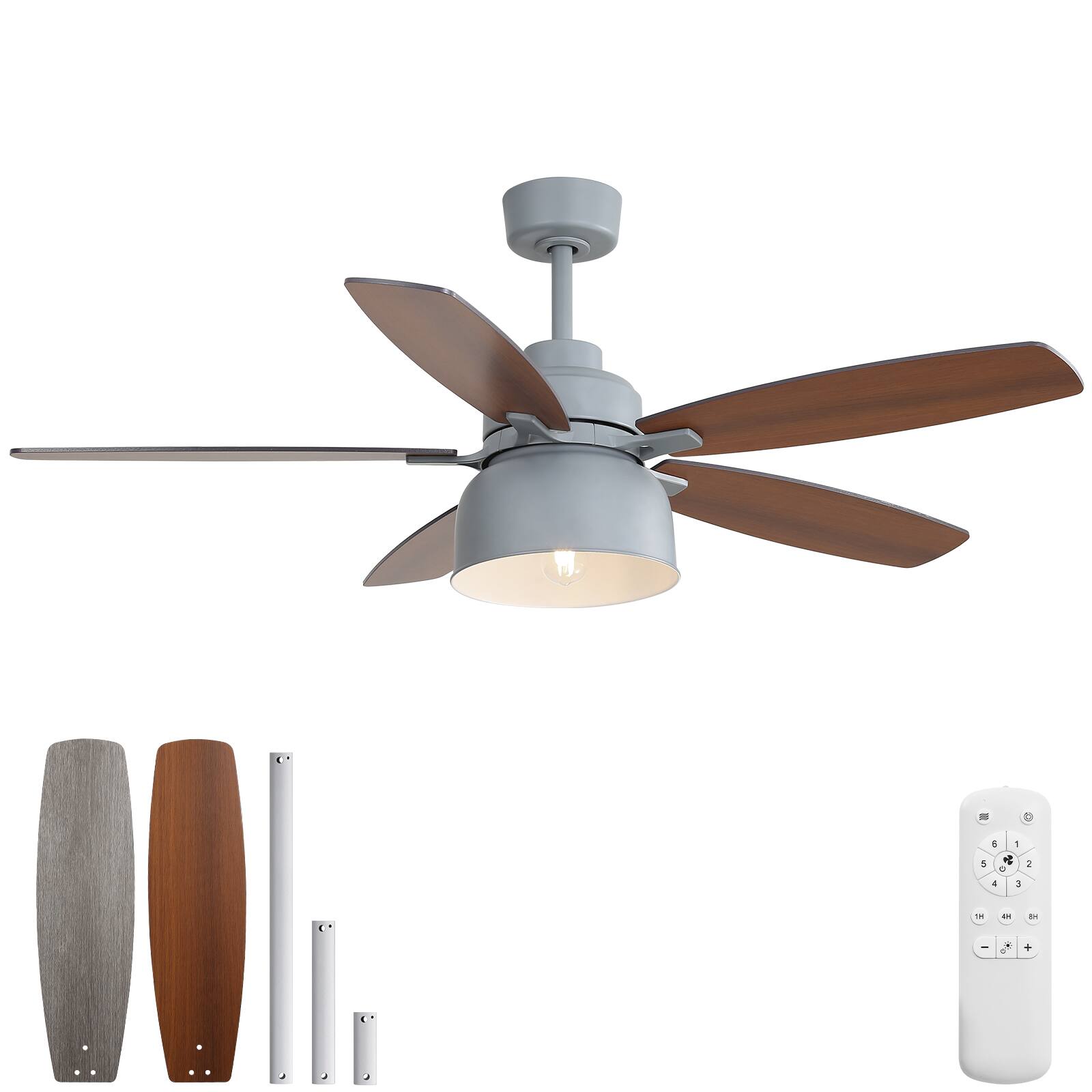 Front. Sofucor - 52 Inch Industrial Style Ceiling Fan with Light and Remote E26 5 Dual Finish Blades Reversible DC Farmhouse Ceiling Fan - Silver.