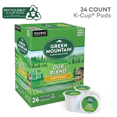 RECYCLABLE K-CUP PODS  
24 COUNT  
KEURIG  
100% COFFEE  
GREEN MOUNTAIN COFFEE ROASTERS  
OUR BLEND  
LIGHT ROAST  
CLASSIC, MILD, AROMATIC  
24 RECYCLABLE K-CUP PODS