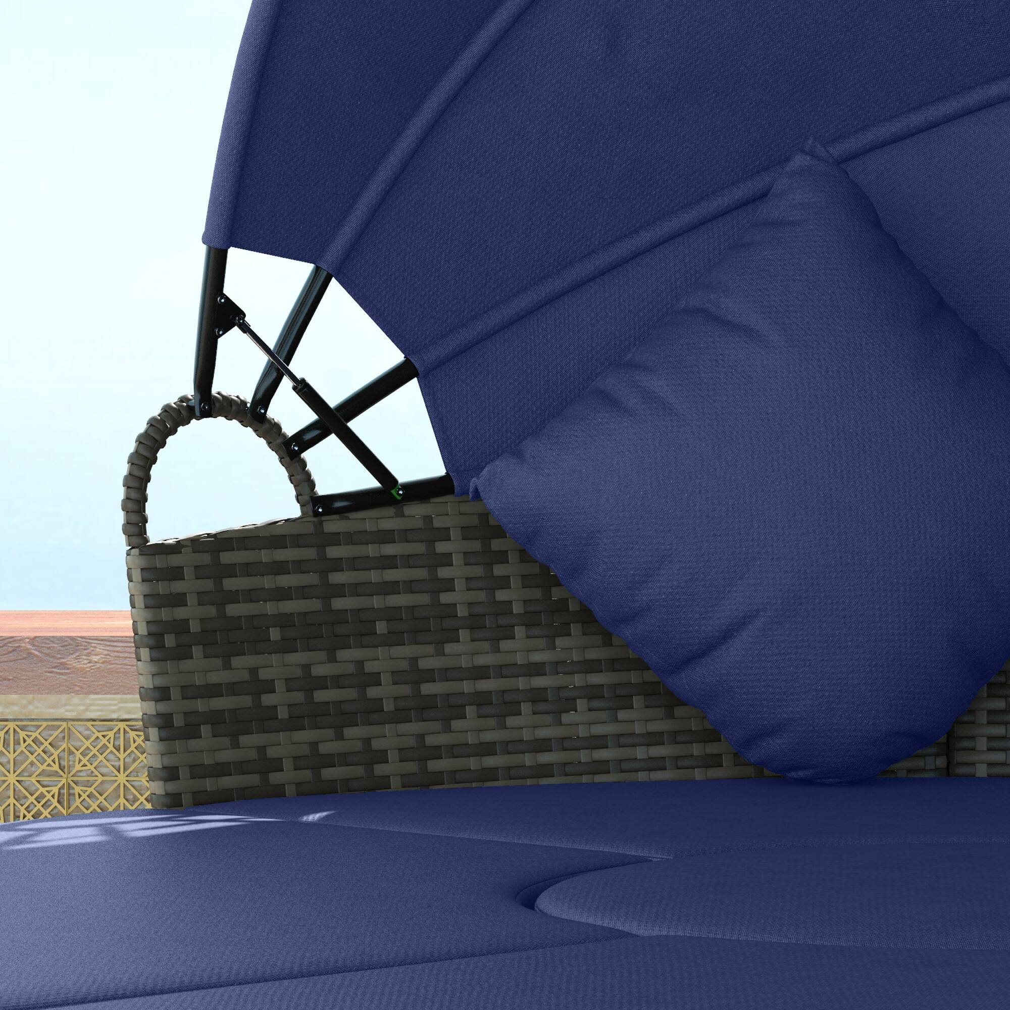 Alt View 8. Outsunny - 4 Piece Round Rattan Daybed, Convertible Patio Furniture Set, Adjustable Sun Canopy, Sectional Outdoor Sofa, 2 Chairs - Dark Blue.