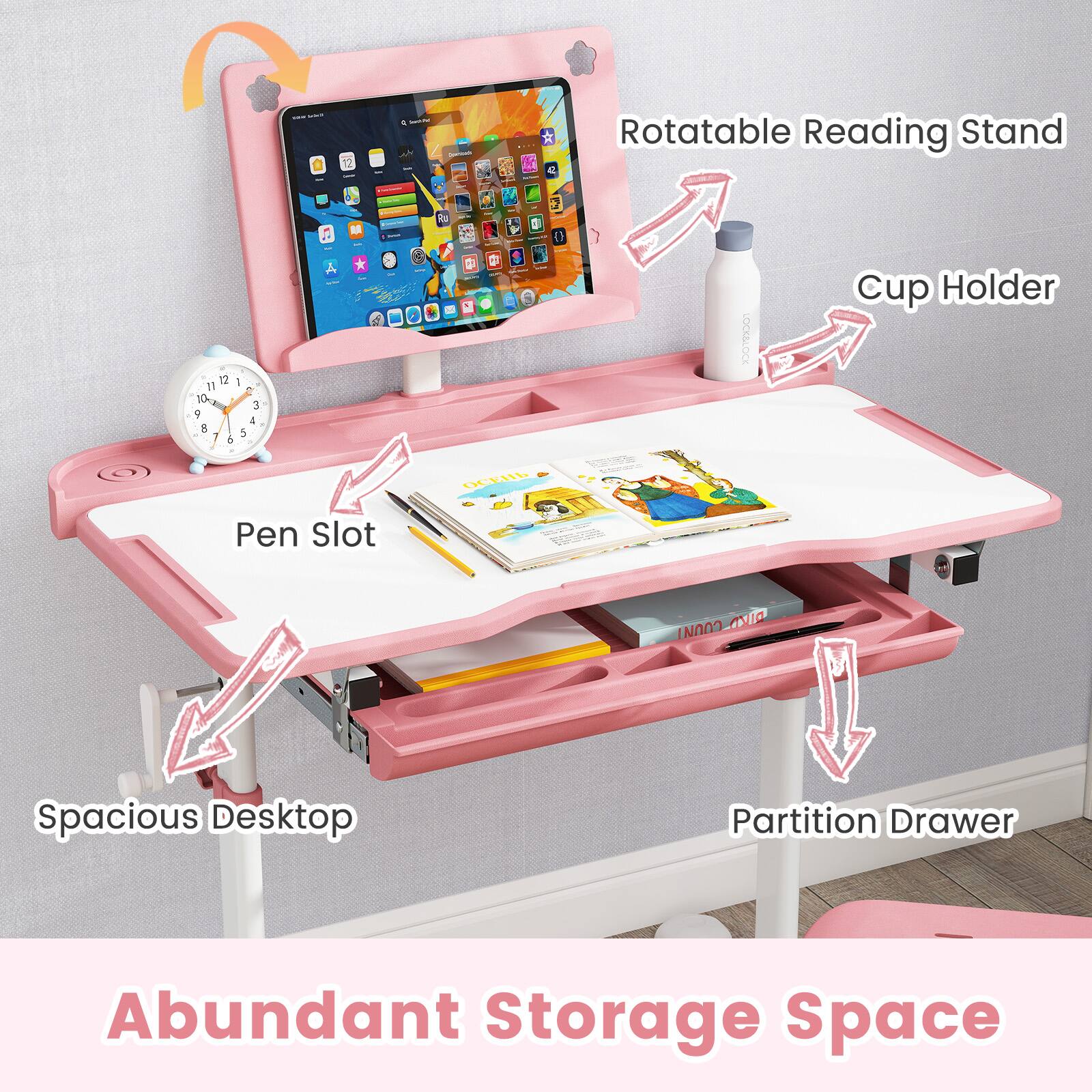 - Rotatable Reading Stand
- Cup Holder
- Pen Slot
- Spacious Desktop
- Partition Drawer
- Abundant Storage Space