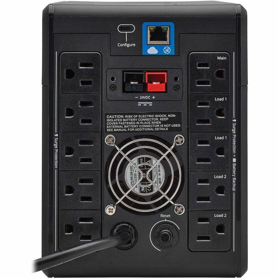 Configure  
Main 24VDC +  
Load 1  
Load 2  
Surge Protection  
Battery Backup  

CAUTION: RISK OF ELECTRIC SHOCK. NON-ISOLATED BATTERY CONNECTOR. KEEP COVER FASTENED IN PLACE WHEN EXTERNAL BATTERY CONNECTOR IS NOT USED. SEE MANUAL FOR ADDITIONAL DETAILS  

HS 6  
CHINA  
EF5-04812M-A00S  

Reset