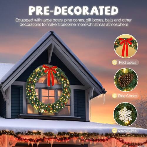 PRE-DECORATED  
Equipped with large bows, pine cones, gift boxes, balls and other decorations to make it become more Christmas atmosphere  

- Red bows  
- Pine Cones  
- Snowflakes