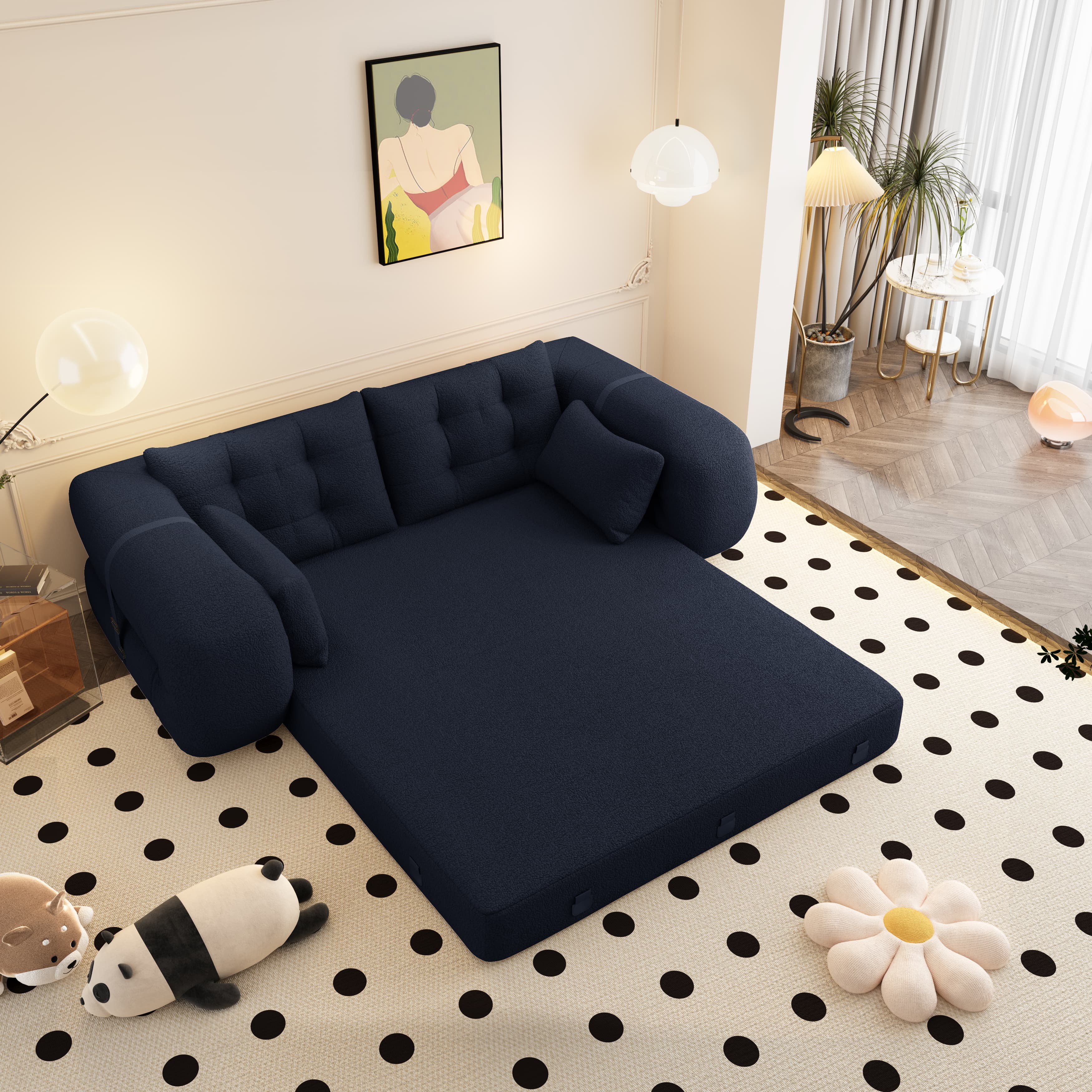 Angle. Anysun - Sofa Bed - 3-in-1 Foldable Sleeper, Teddy Fabric, Foam-Filled, for Living Room, Guest Bed & Playroom - Dark Blue.