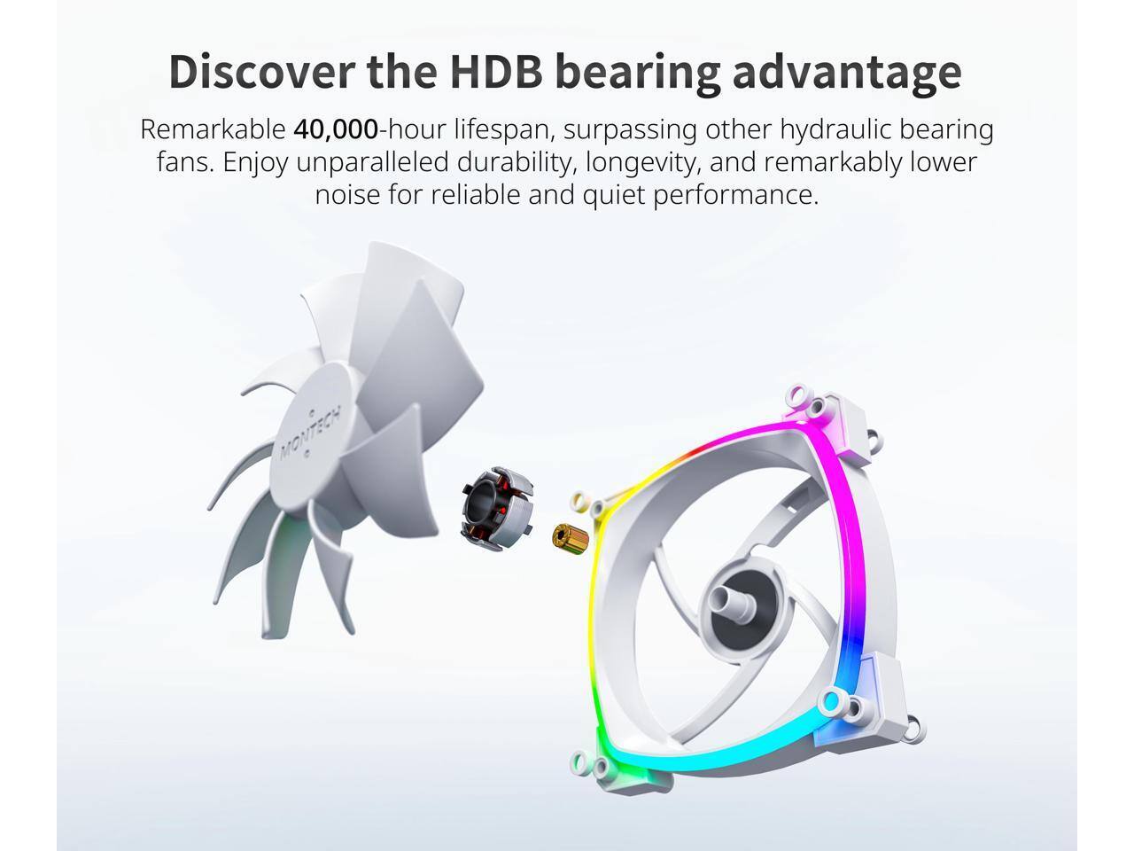 Discover the HDB bearing advantage

Remarkable 40,000-hour lifespan, surpassing other hydraulic bearing fans. Enjoy unparalleled durability, longevity, and remarkably lower noise for reliable and quiet performance.