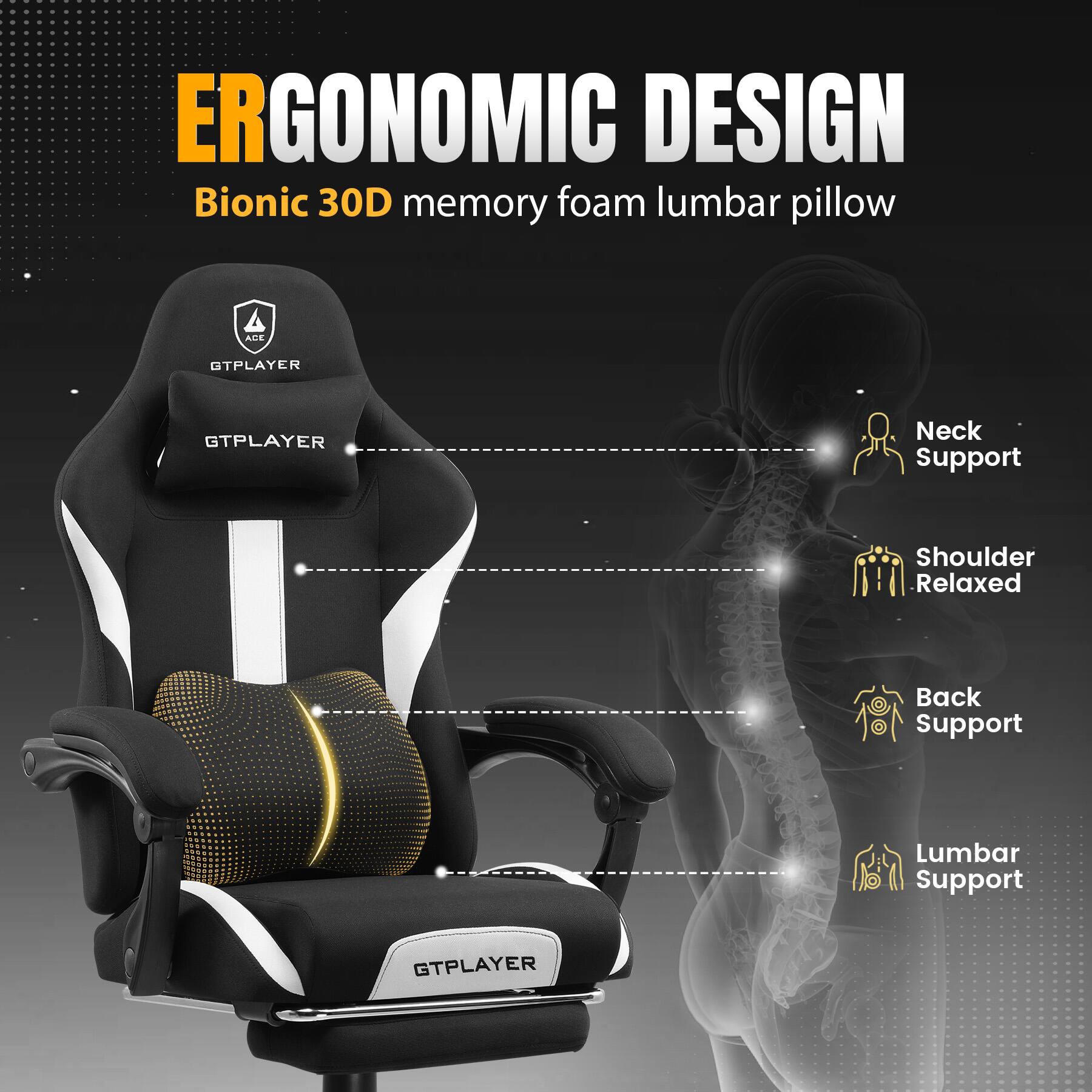 ERGONOMIC DESIGN Bionic 30D memory foam lumbar pillow GTPLAYER GTPLAYER Neck Support Shoulder Relaxed Back Support Lumbar Support GTPLAYER