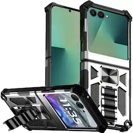 Kitcheniva - Shockproof Modern Case With Metal Ring Stand & Tempered Glass For Samsung Galaxy Z Flip 7 - Silver