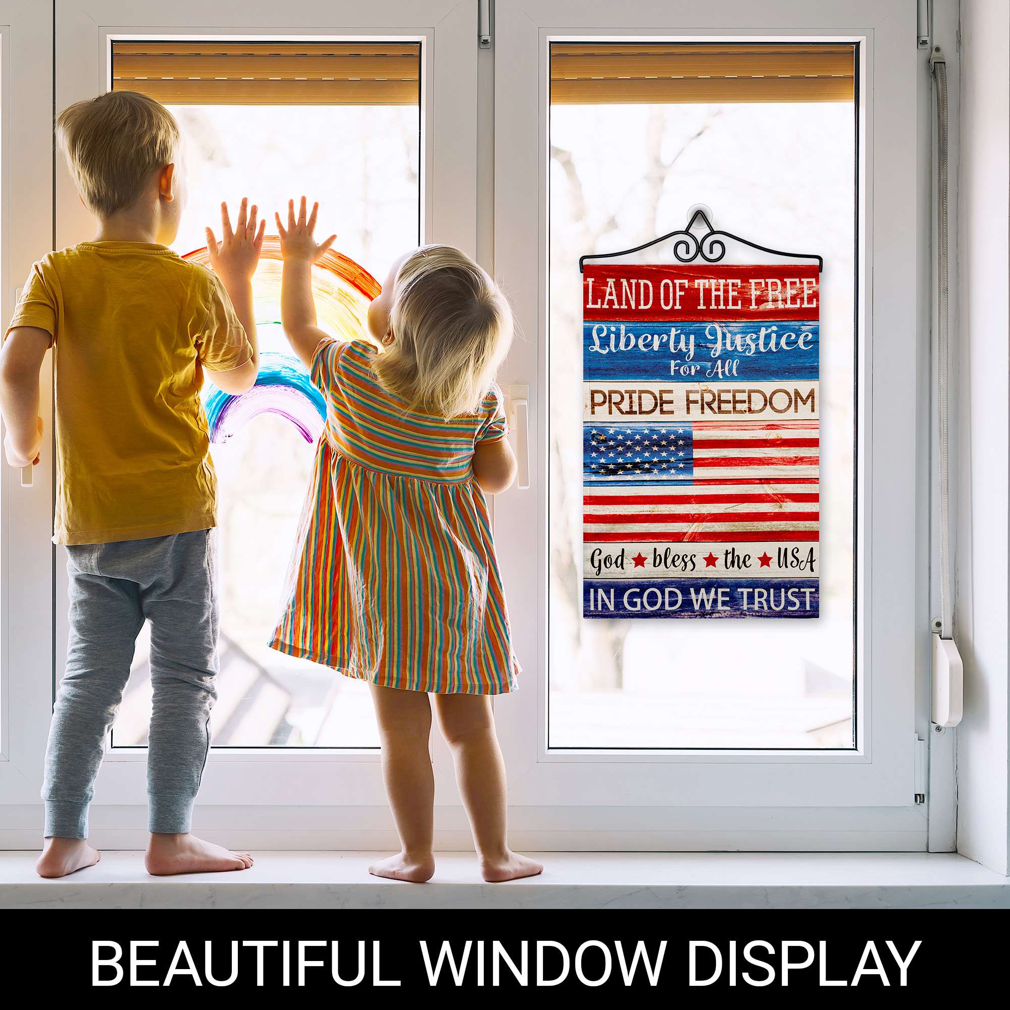 LAND OF THE FREE  
Liberty Justice For All  
PRIDE FREEDOM  
God bless the USA  
IN GOD WE TRUST  

BEAUTIFUL WINDOW DISPLAY