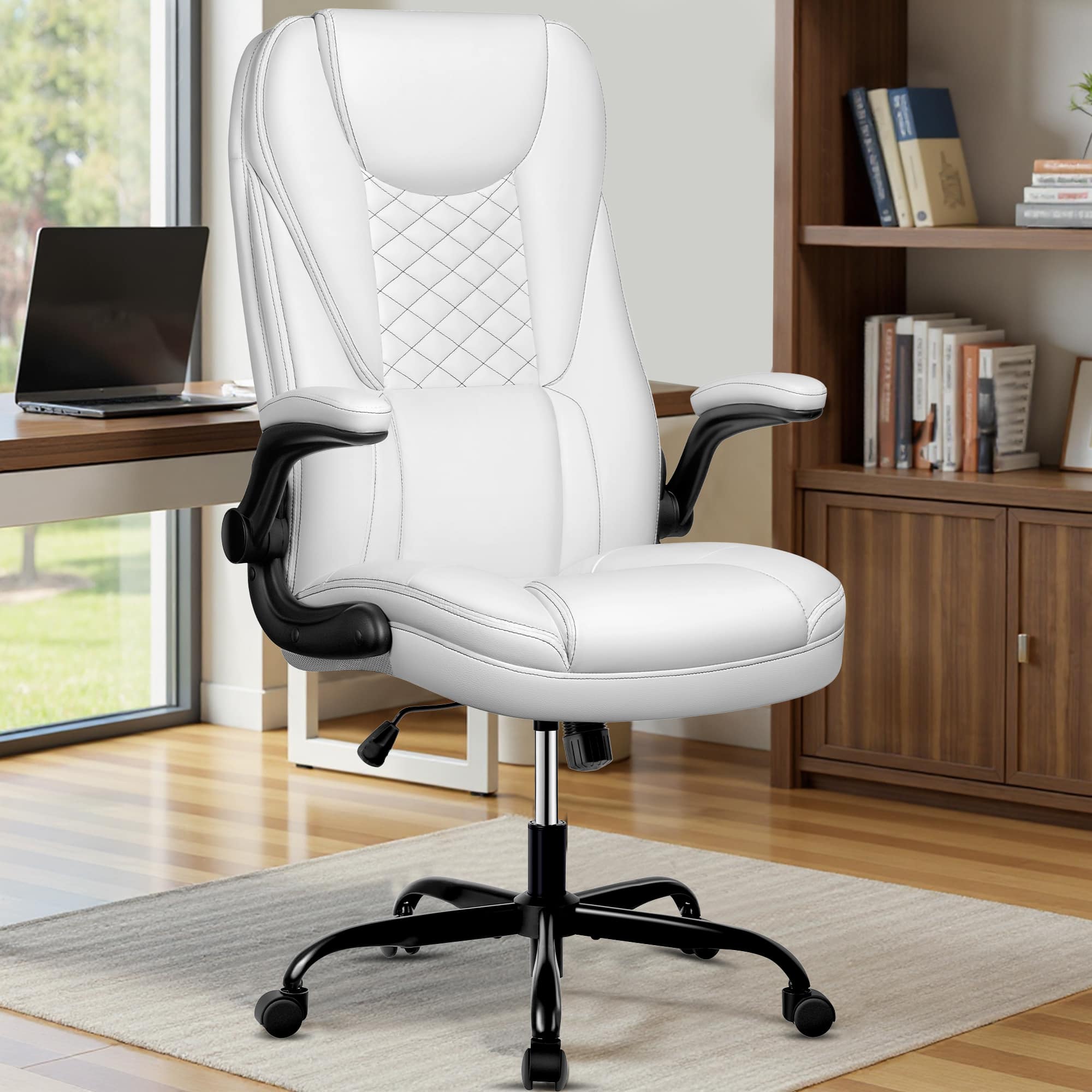 Brick Attic - 330lbs Ergonomic Leather Office Chair with Headrest and Adjustable Armrests , 135° Swivel Desk Chair Height Adjustable - White