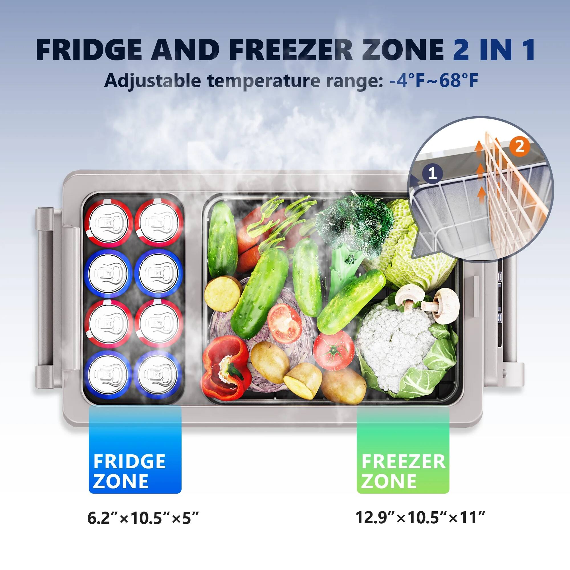 FRIDGE AND FREEZER ZONE 2 IN 1  
Adjustable temperature range: -4°F~68°F  

FRIDGE ZONE  
6.2" x 10.5" x 5"  

FREEZER ZONE  
12.9" x 10.5" x 11"