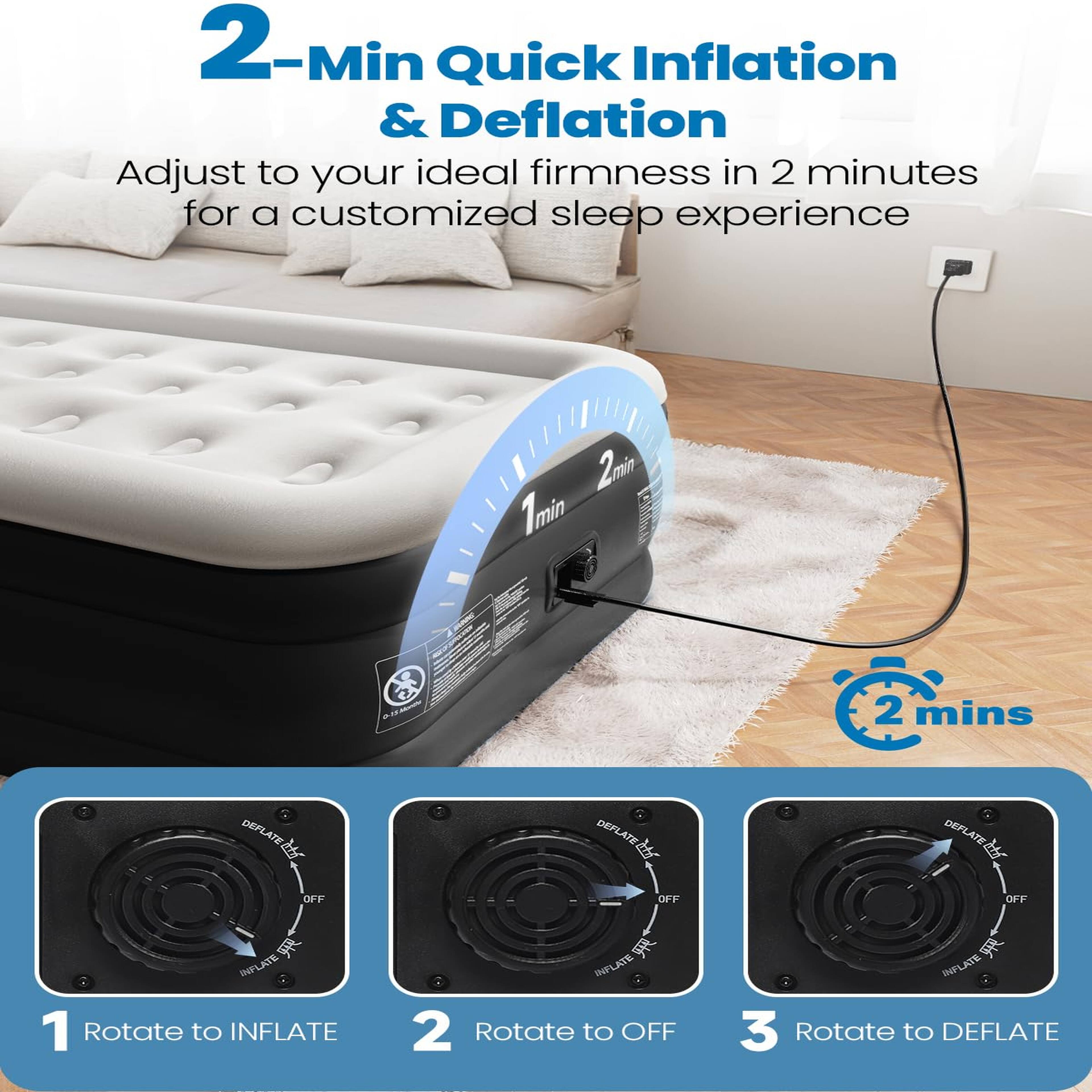 2-Min Quick Inflation & Deflation  
Adjust to your ideal firmness in 2 minutes for a customized sleep experience

1. Rotate to INFLATE
2. Rotate to OFF
3. Rotate to DEFLATE