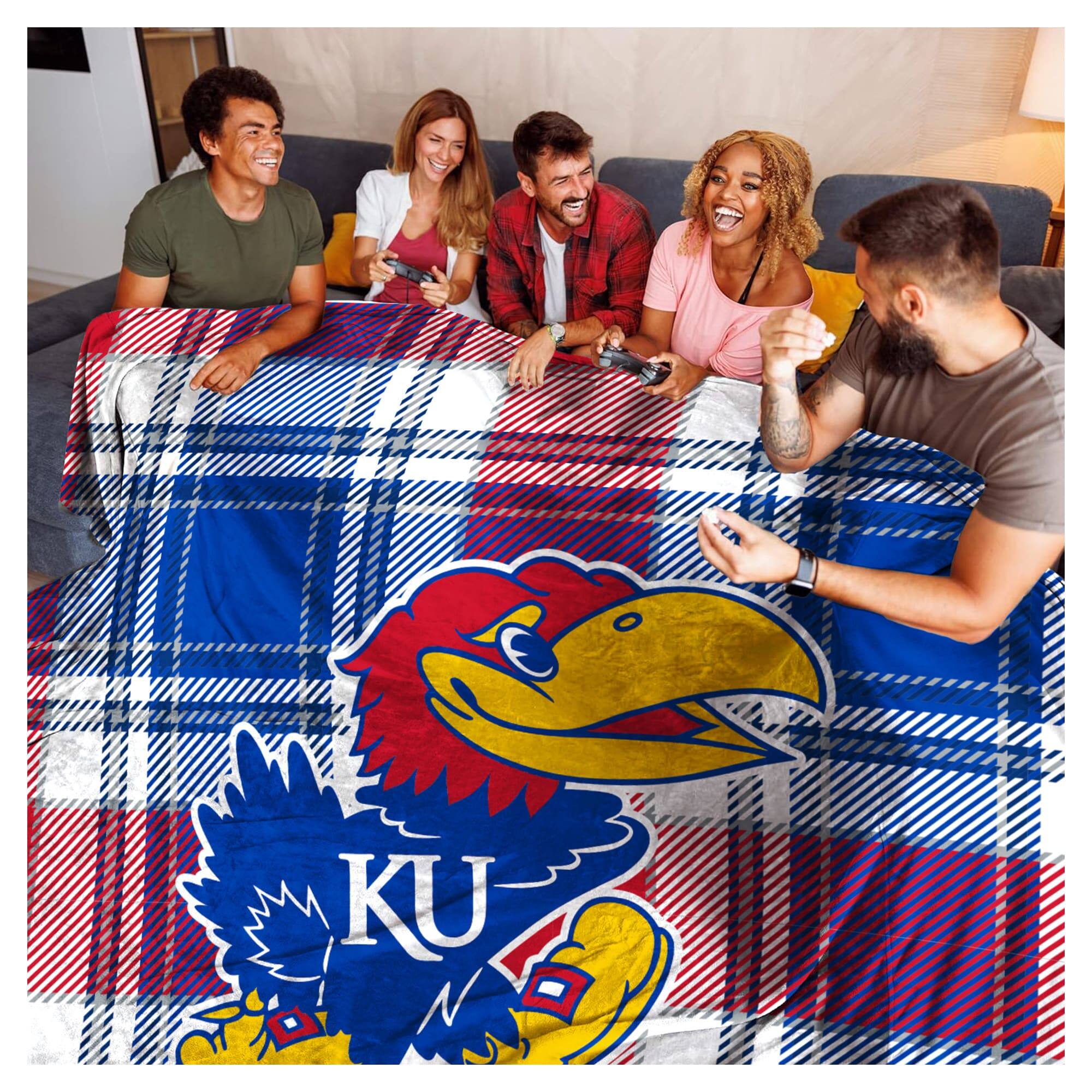 Alt View 1. Pegasus - Kansas Jayhawks 66" x 95" Oversized Plaid FAN-mily Ultra Cozy Blanket - Multicolor.