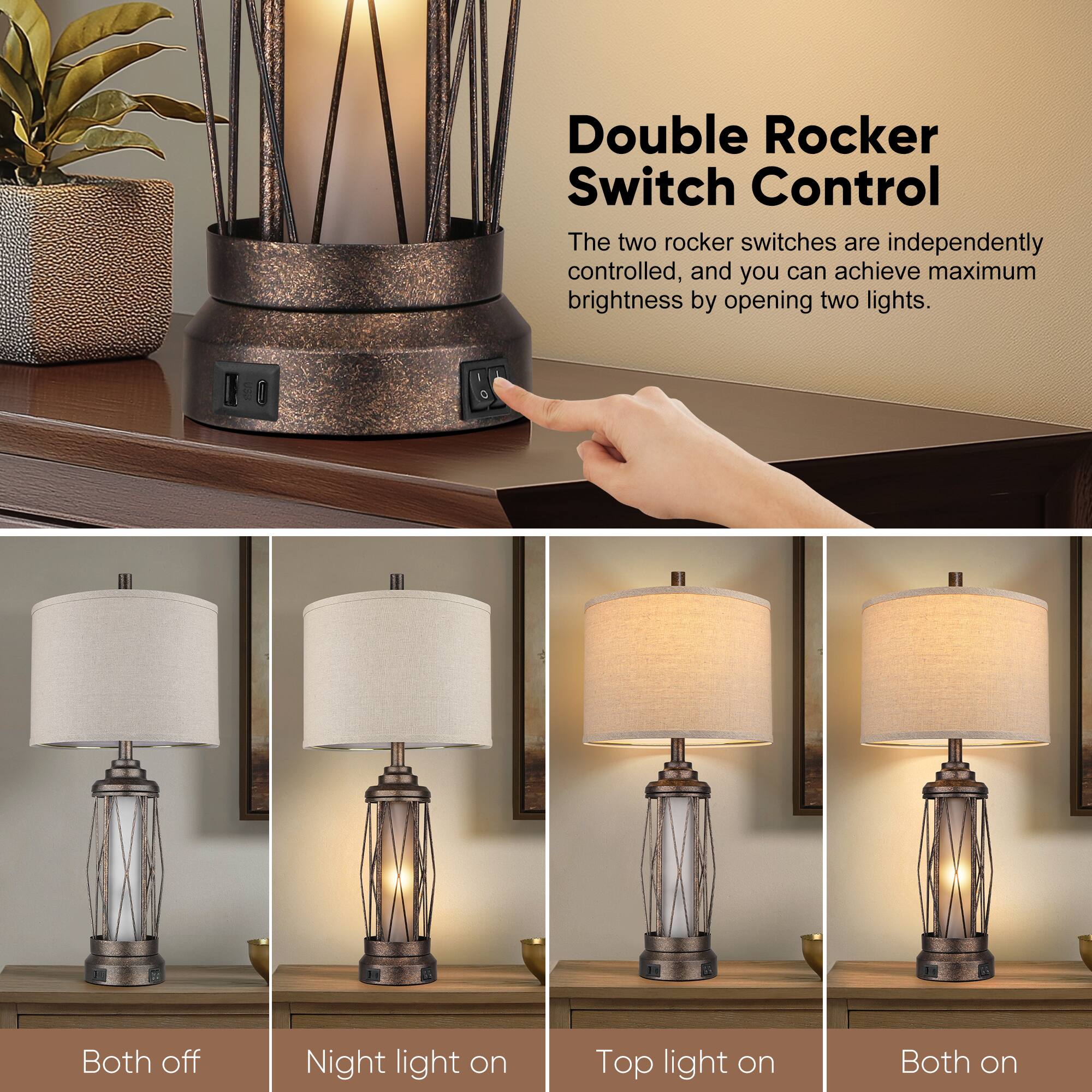 Double Rocker Switch Control

The two rocker switches are independently controlled, and you can achieve maximum brightness by opening two lights.

Both off
Night light on
Top light on
Both on