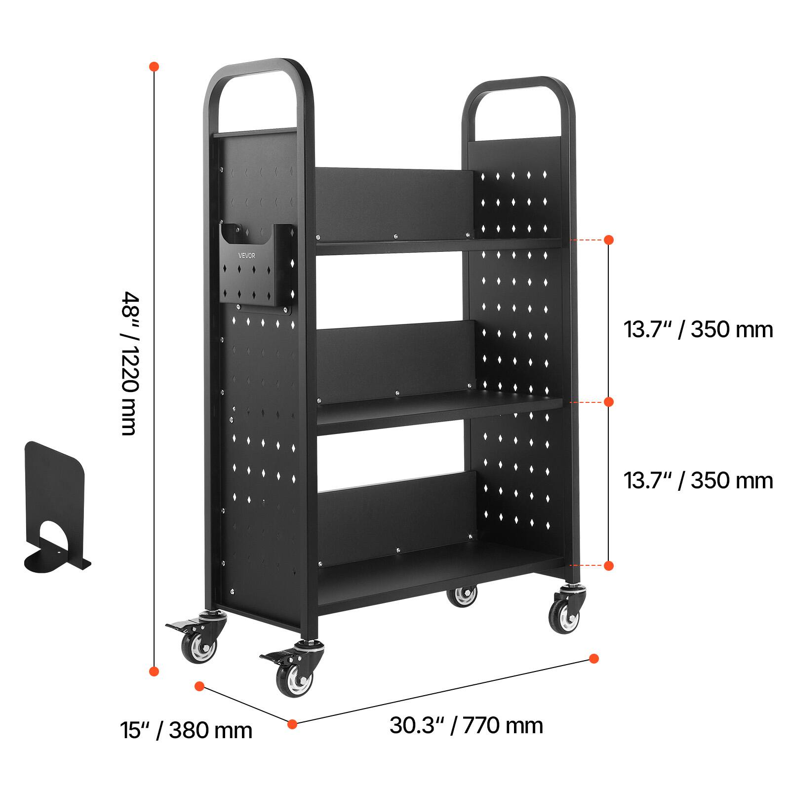 - Height: 48" / 1220 mm
- Shelf depth: 13.7" / 350 mm
- Shelf width: 30.3" / 770 mm
- Wheelbase: 15" / 380 mm