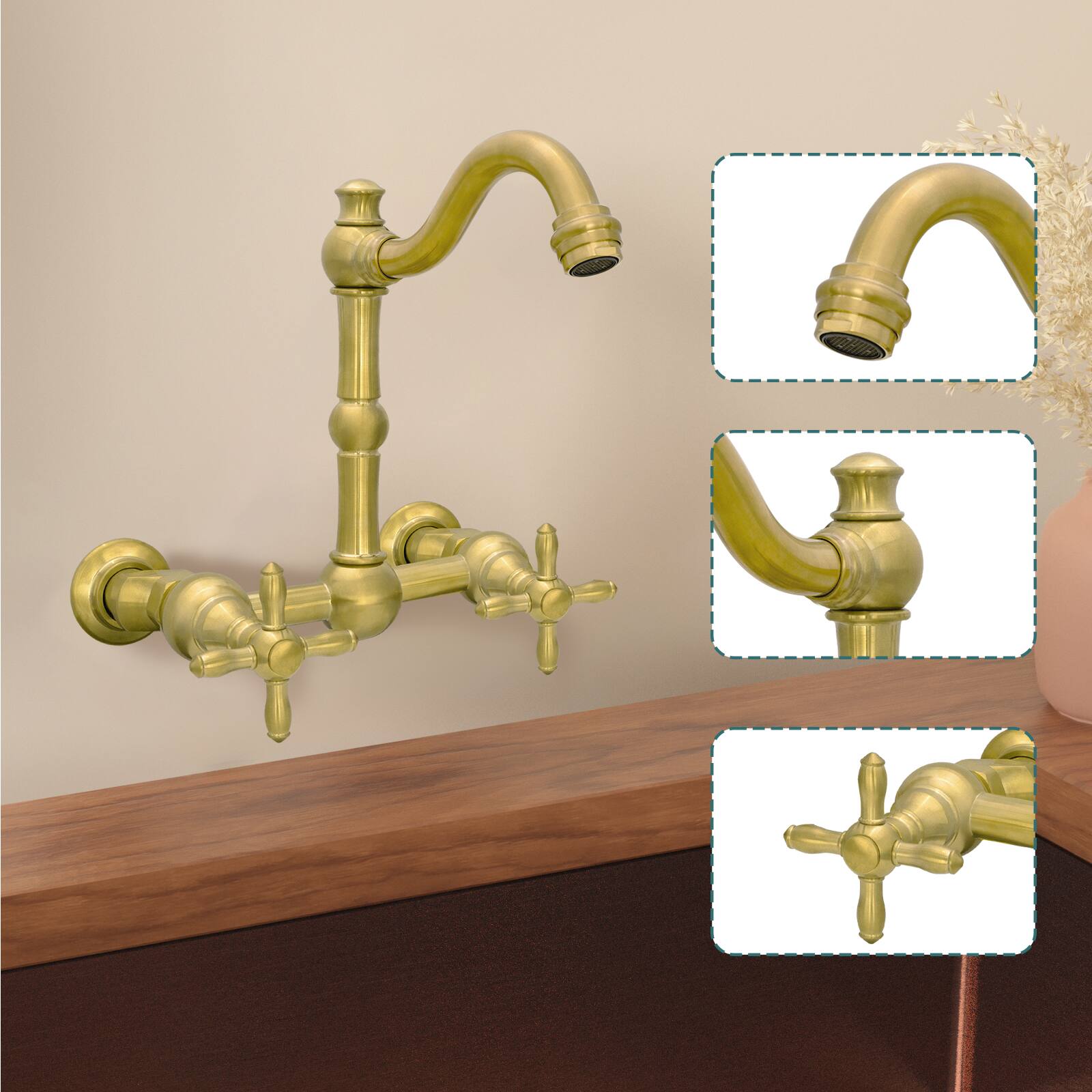 Alt View 2. Akicon - Akicon 6 inch Solid Brass Wall Mount Bathroom Faucet with 2 Cross Handles in Brushed Gold - Brushed Gold.