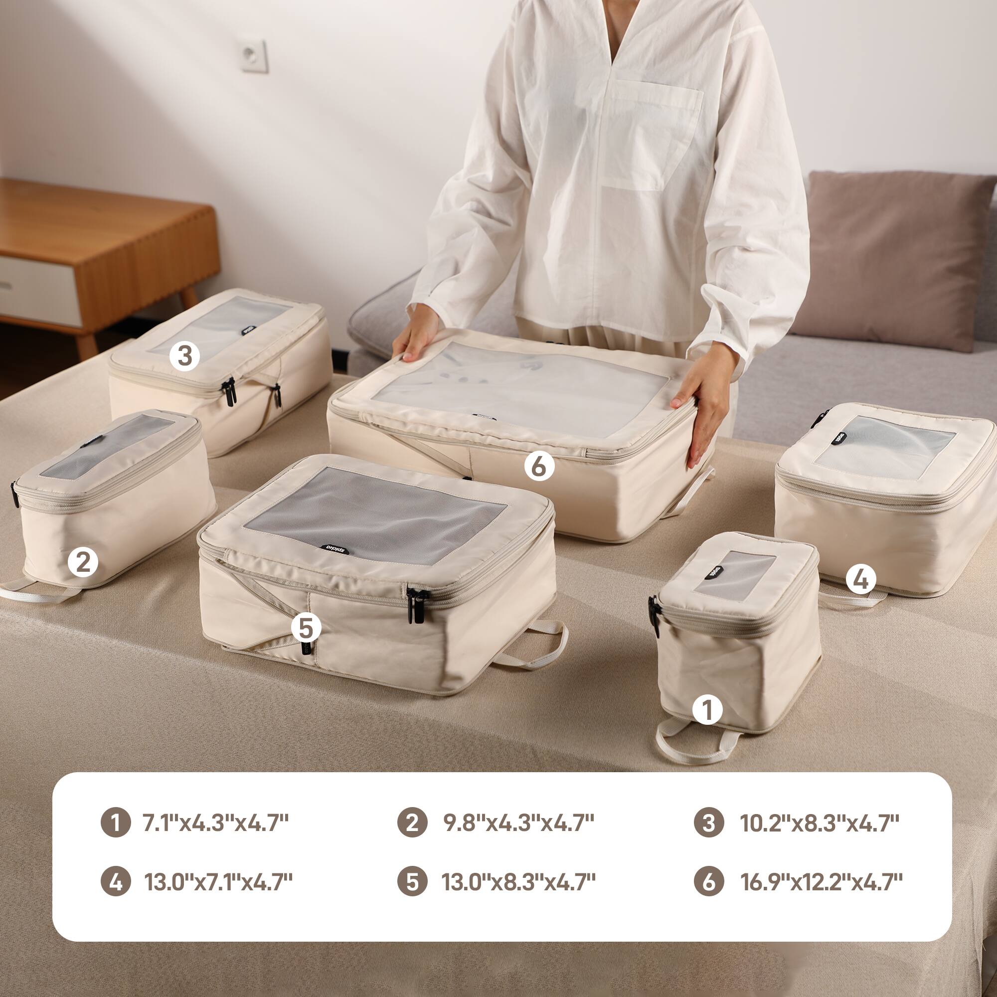 1 7.1"x4.3"x4.7"
2 9.8"x4.3"x4.7"
3 10.2"x8.3"x4.7"
4 13.0"x7.1"x4.7"
5 13.0"x8.3"x4.7"
6 16.9"x12.2"x4.7"