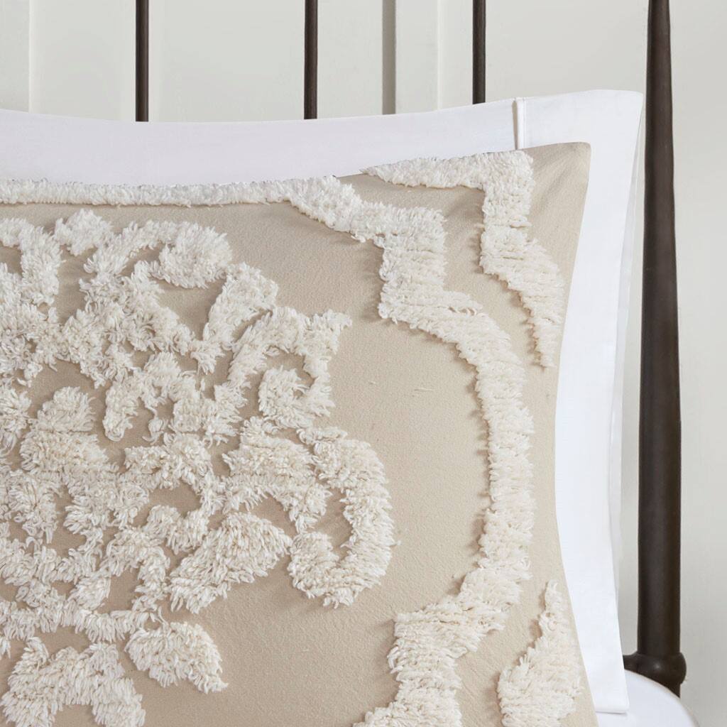 Alt View 2. Gracie Mills - Gracie Mills Fitzpatrick 3 piece Tufted Cotton Chenille Damask Duvet Cover Set - Taupe.