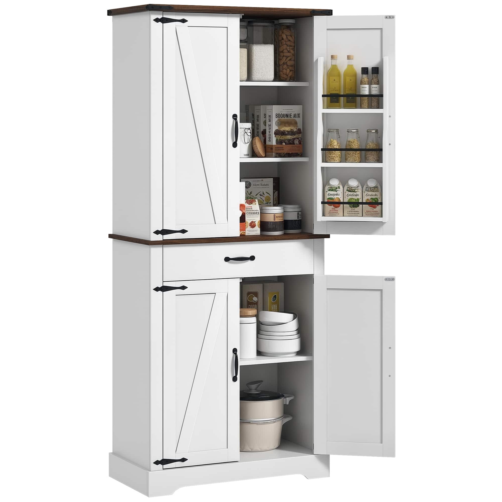 Homcom - Tall Kitchen Cabinet, Farmhouse Pantry Cabinet w/ Barn Doors, 6 Shelves w/ 2 Doors - White
