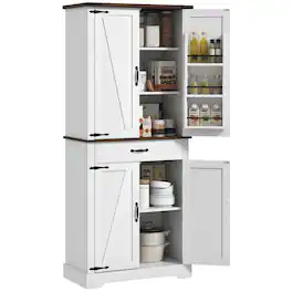 Homcom - Tall Kitchen Cabinet, Farmhouse Pantry Cabinet w/ Barn Doors, 6 Shelves w/ 2 Doors - White