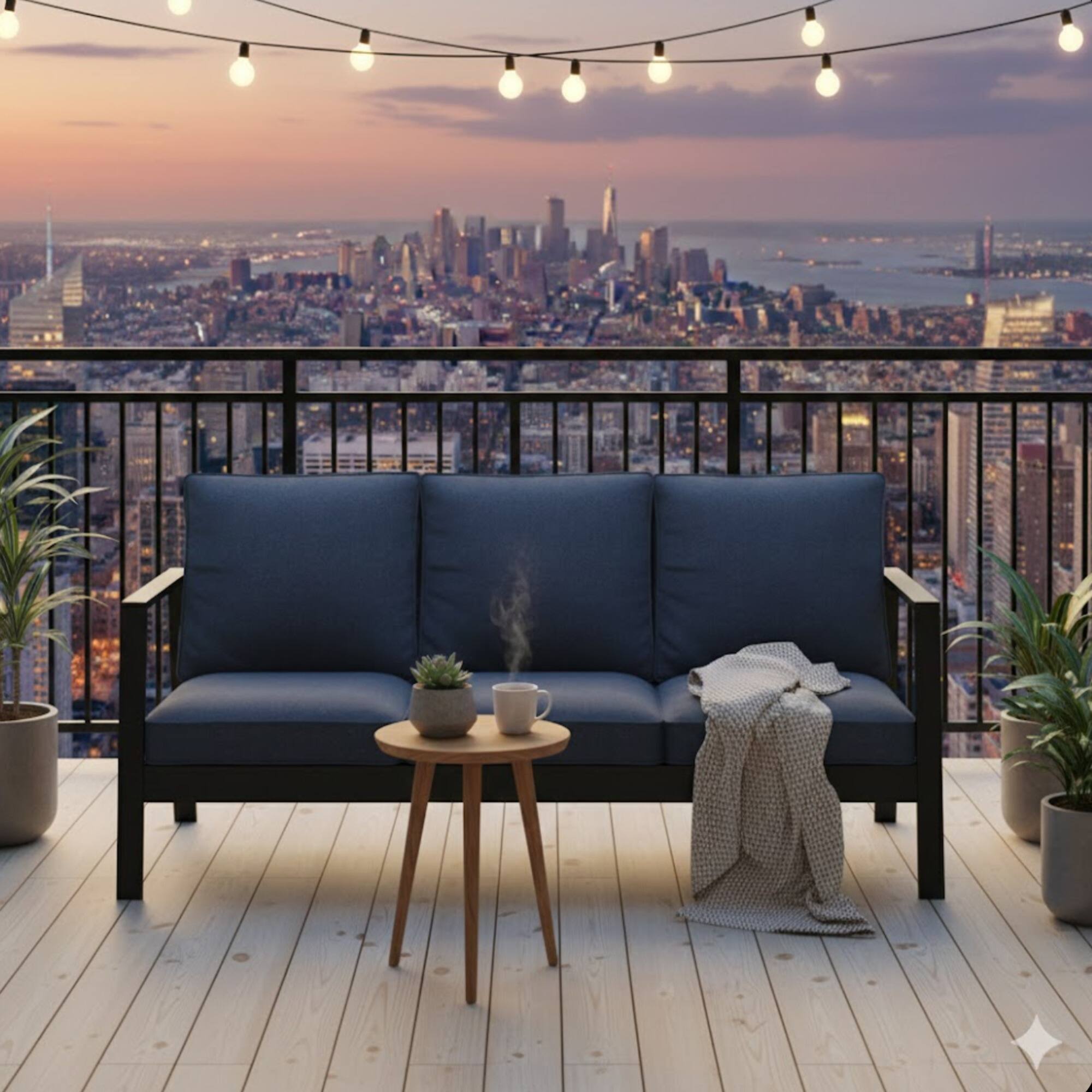 Angle. Mondawe - 75" 3-Seat Aluminum Patio Sofa with  Cushions - Black+Blue.