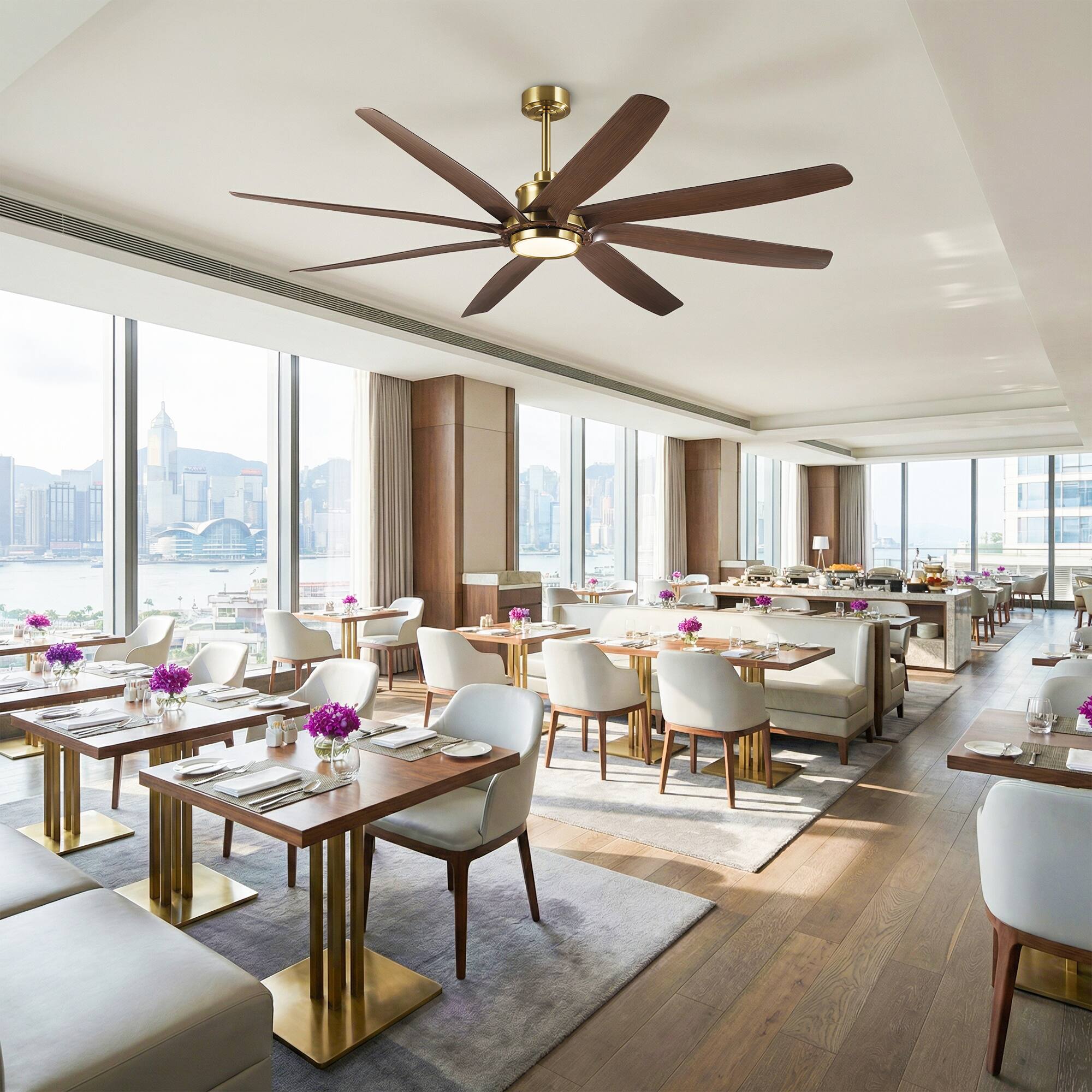 Left. Parrot Uncle - 72" Brass Farmhouse Windmill Ceiling Fan with Light and Remote - Brass.