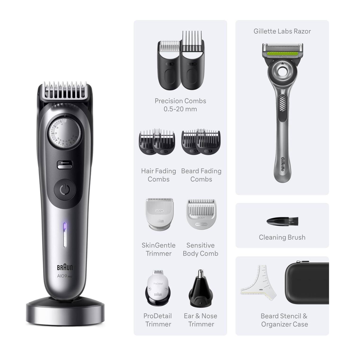 Gillette Labs Razor

-10
5-20
Precision Combs 0.5-20 mm
1   a  M 1 5 4 9
18 E e
8 / 5 1 Hair Fading Beard Fading Combs Combs
Gillette
BODY
BODY
BRAUN AIO9 PRO
SkinGentle Sensitive Trimmer Body Comb
Cleaning Brush
ProDetail Ear & Nose Trimmer Trimmer
Beard Stencil & Organizer Case