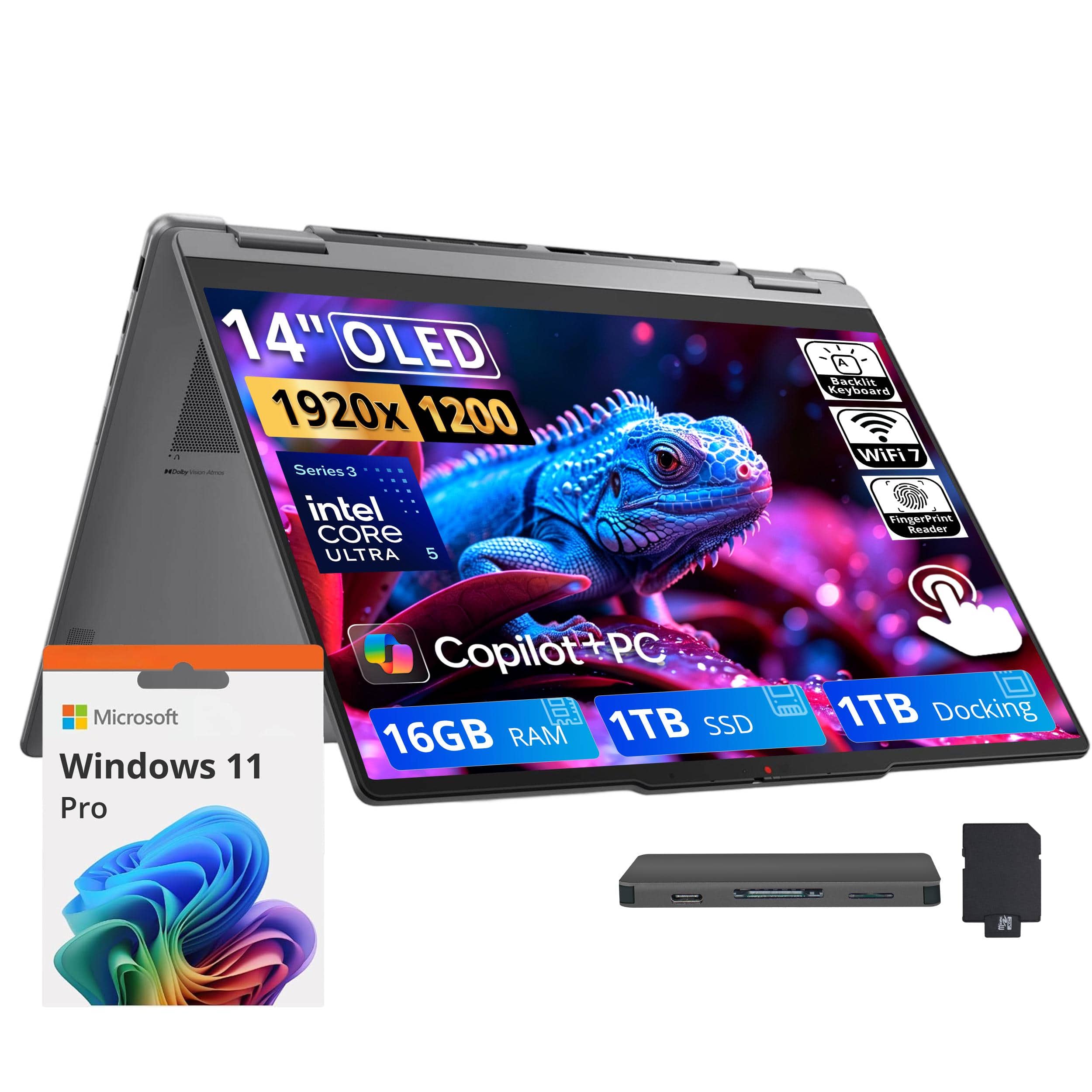 14" OLED 1920x1200 MOsby BOYCK Series 3 intel CORE ULTRA 5

A Backlit Keyboard WiFi 7 FingerPrint Reader

Microsoft Windows 11 Pro

Copilot+PC 16GB RAM 1TB SSD

1TB Docking