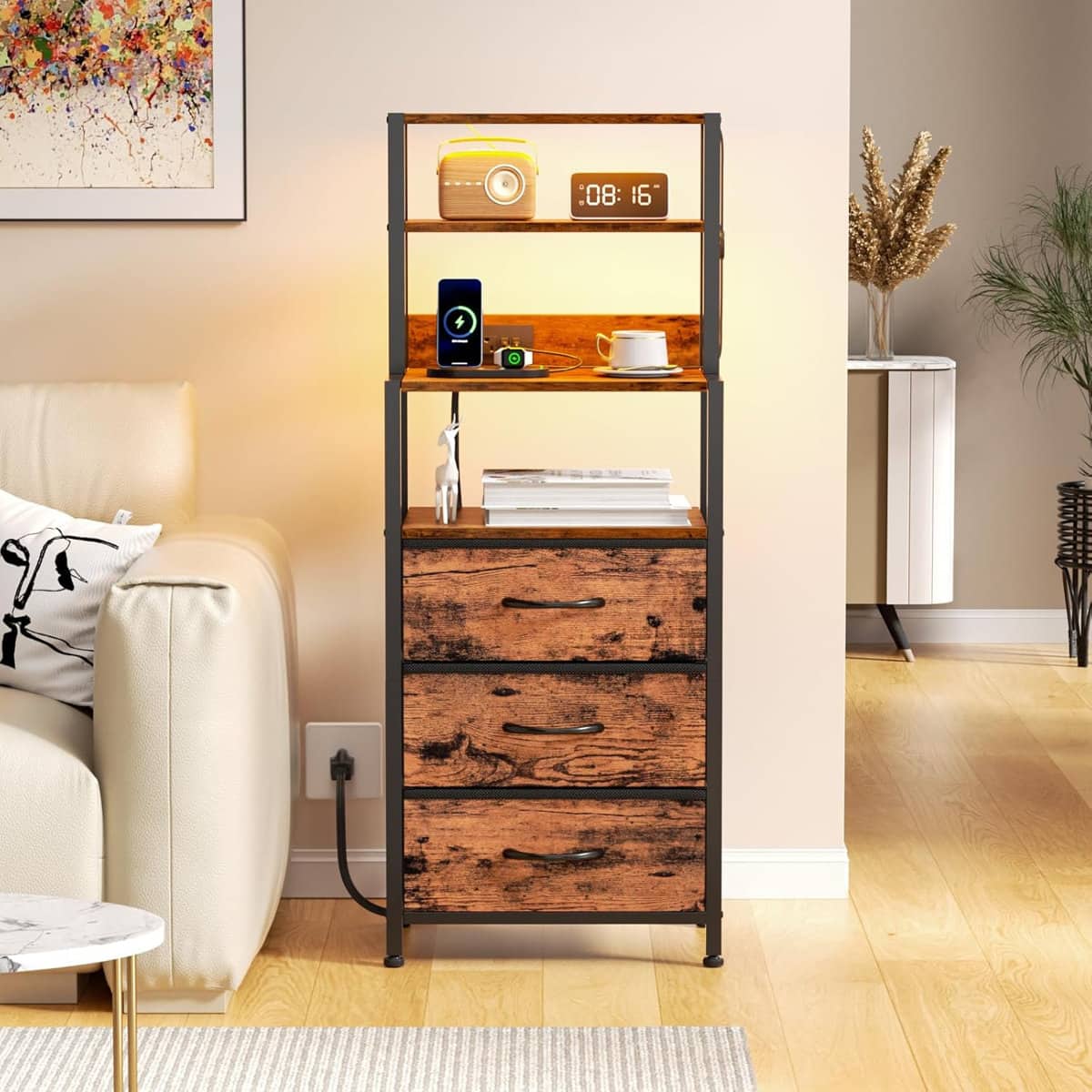 Furnulem - Nightstand with 3 Drawers Outlets Bedside Tables with USB Ports Open Shelf - Brown