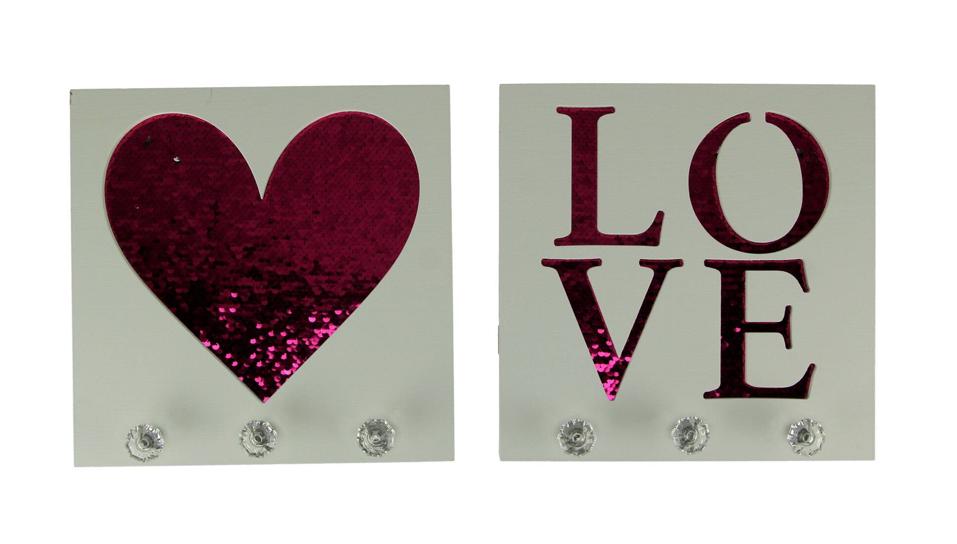 Premier Home Imports - Wood Pink Sequins Heart and Love Wall Hook Plaques 2 Piece Set - White